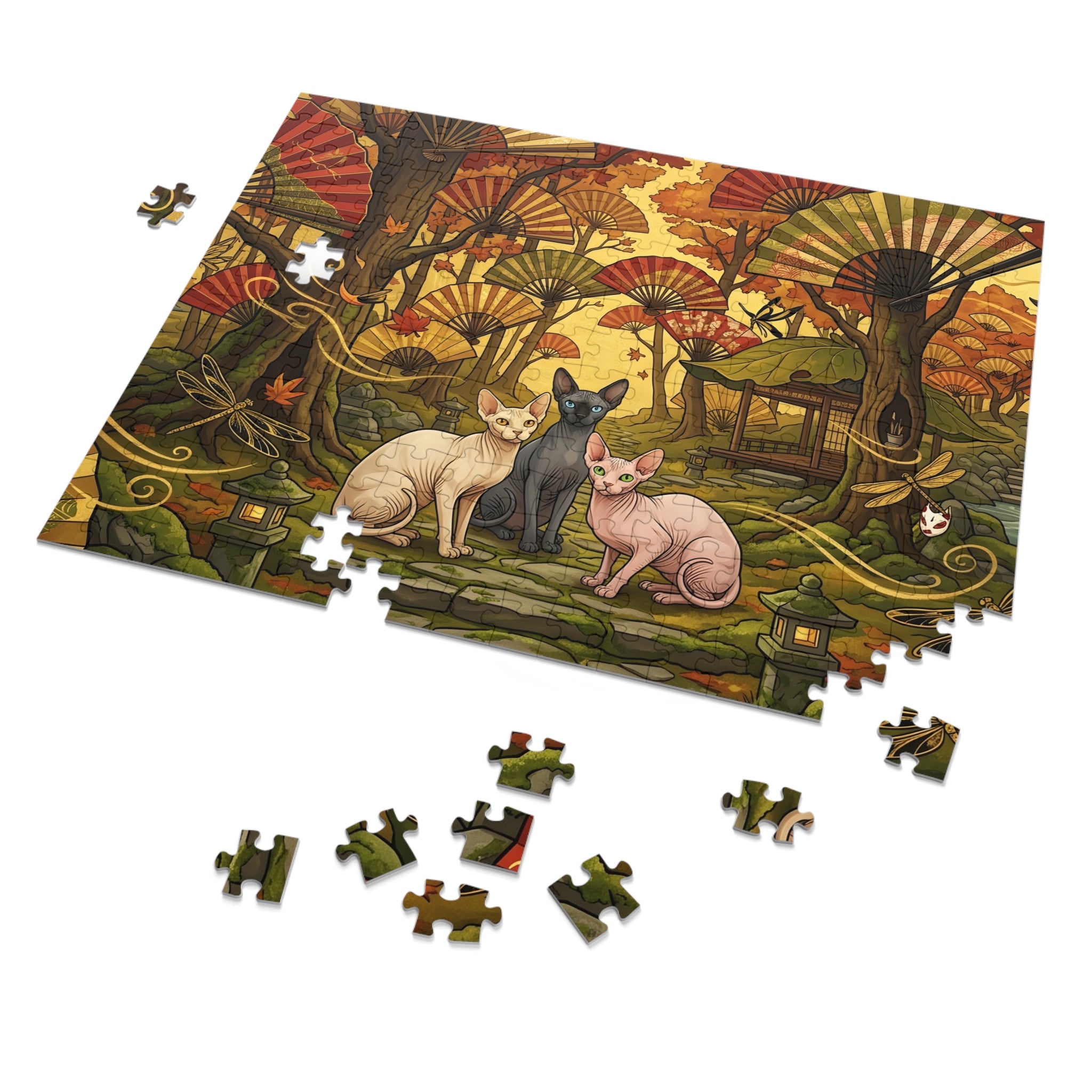 Sphynx Cat Japanese Fan Forest Autumn Dragonfly Jigsaw Puzzle