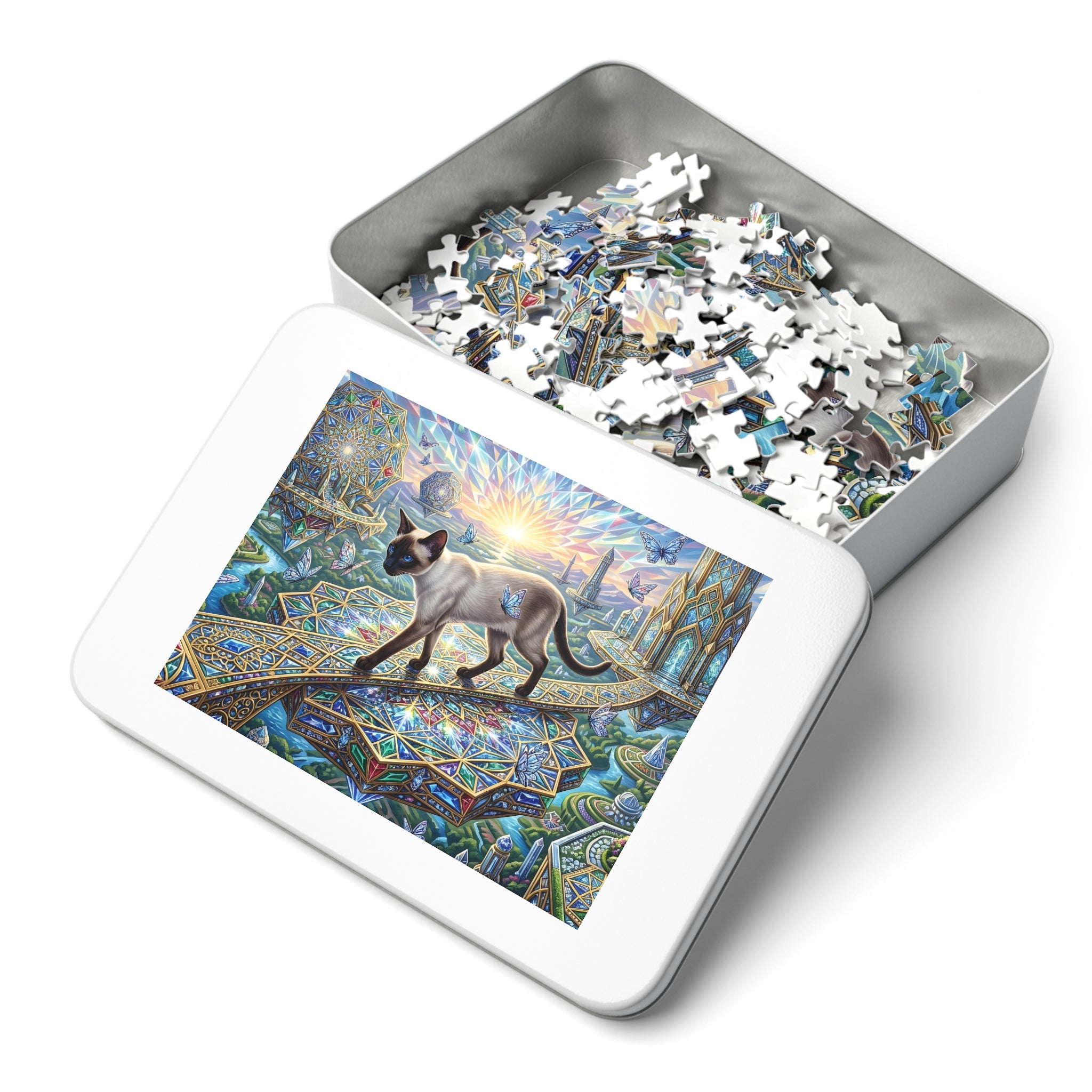 Siamese Cat Stained Glass Geometric Skybridge Jigsaw Puzzle