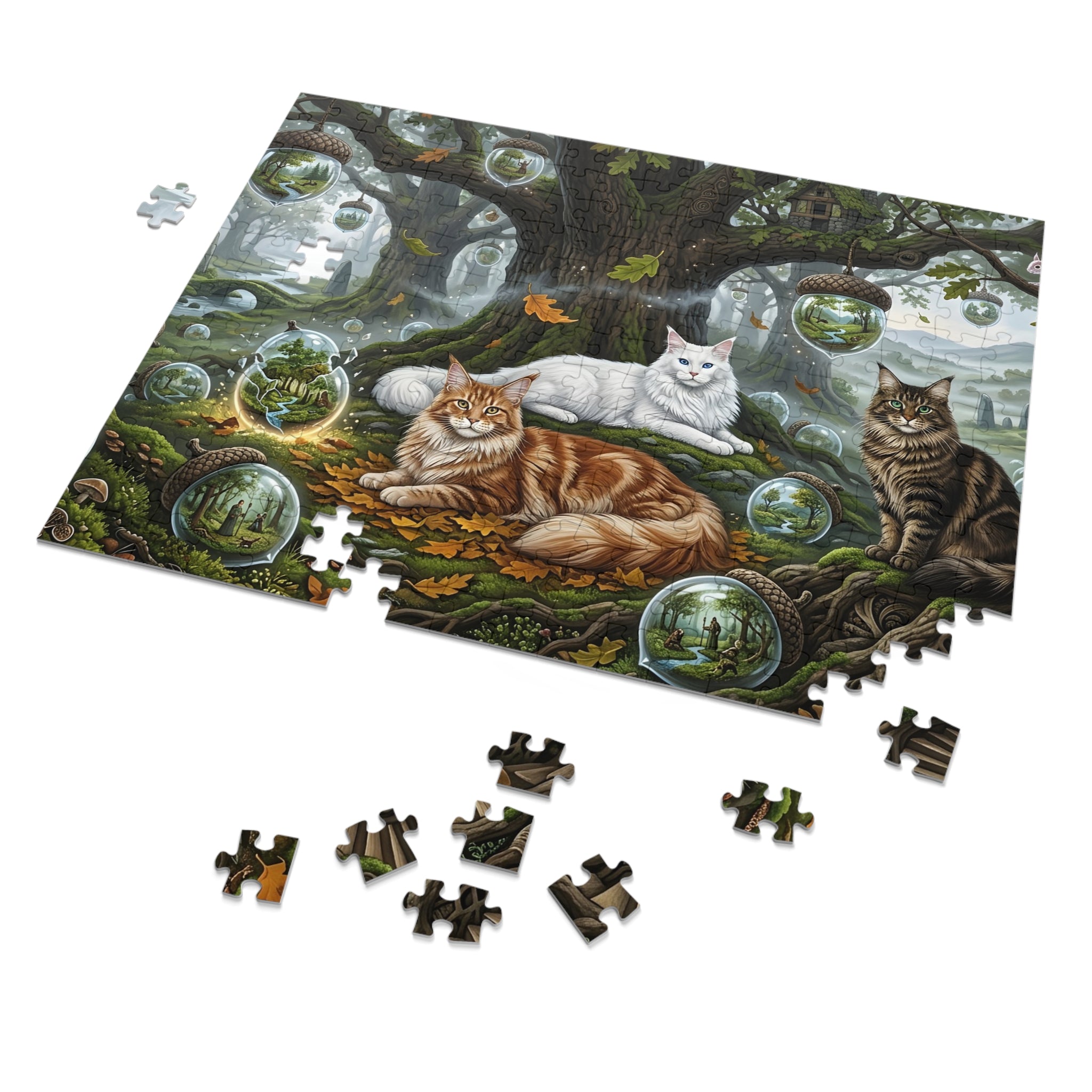 Maine Coon Cat Ancient Oak Glass Acorn Terrarium Forest Jigsaw Puzzle