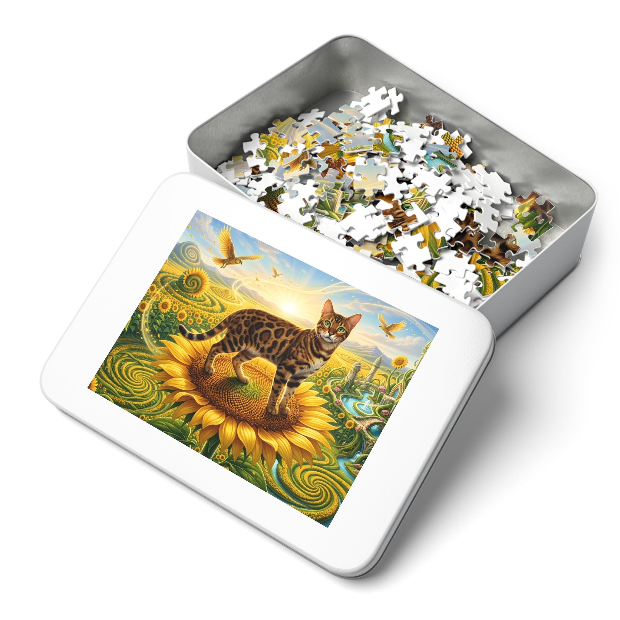 Bengal Cat Giant Sunflower Spiral Field Fantasy Palace Jigsaw Puzzle