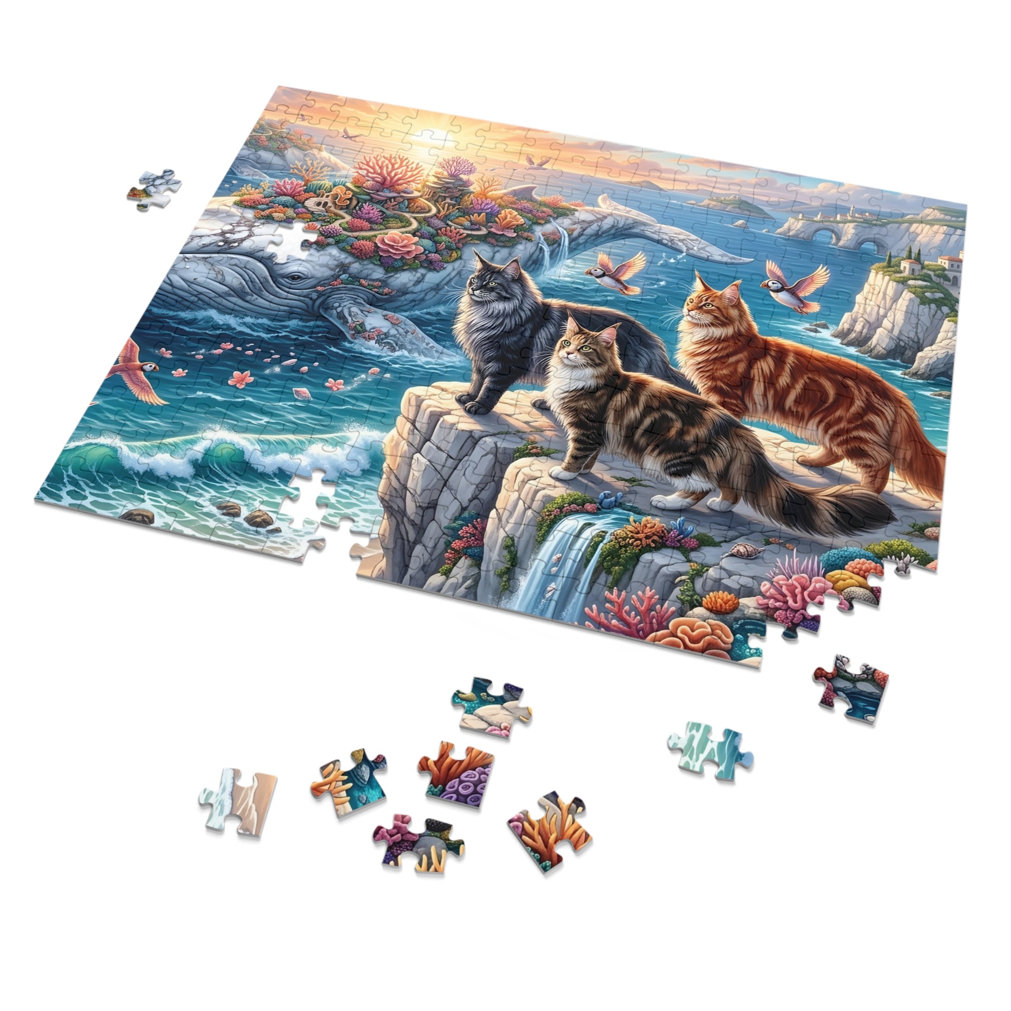 Maine Coon Cat Coral Whale Island Ocean Cliff Puffin Jigsaw Puzzle