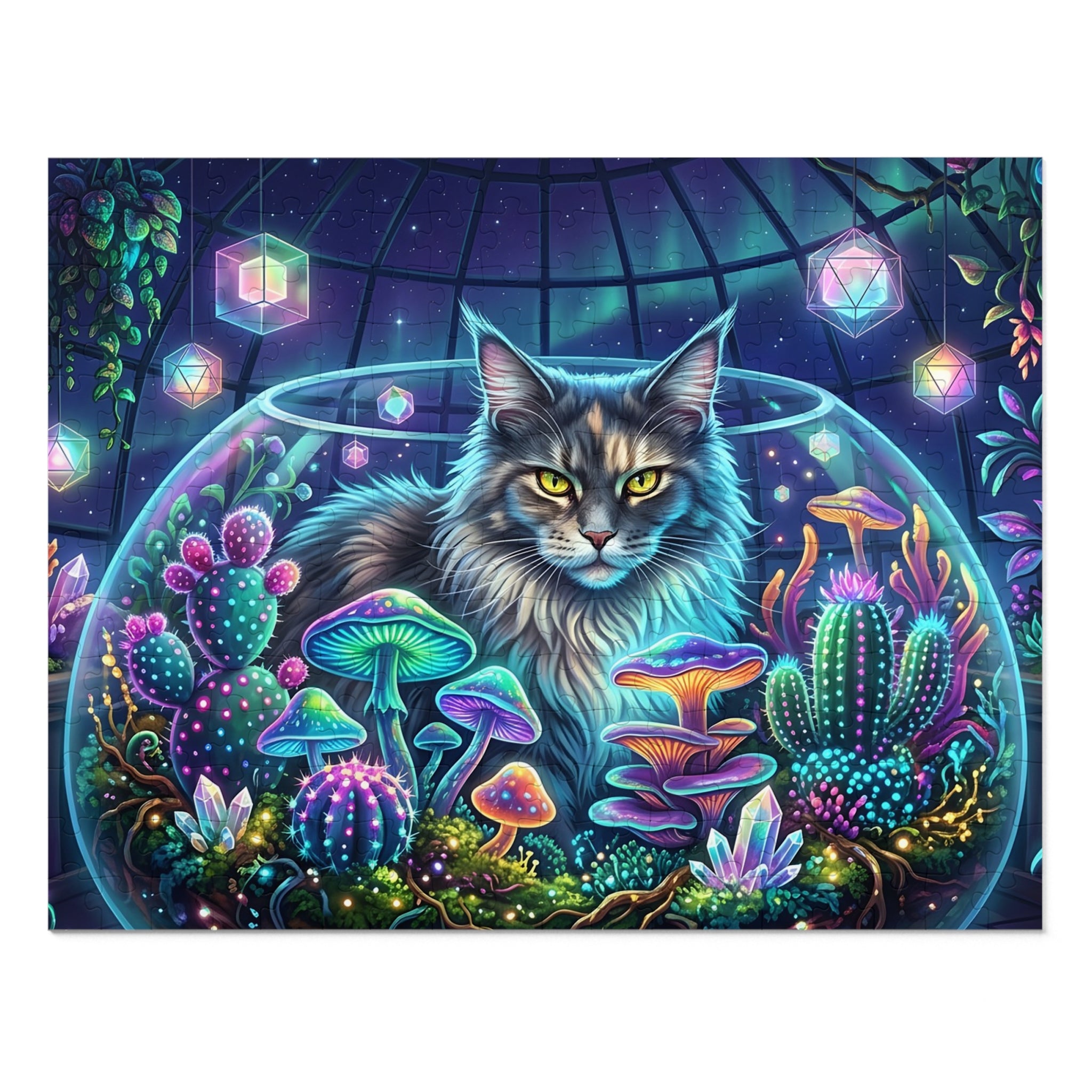 Silver Patch Tabby Maine Coon Glowing Terrarium Mushrooms Jigsaw Puzzle