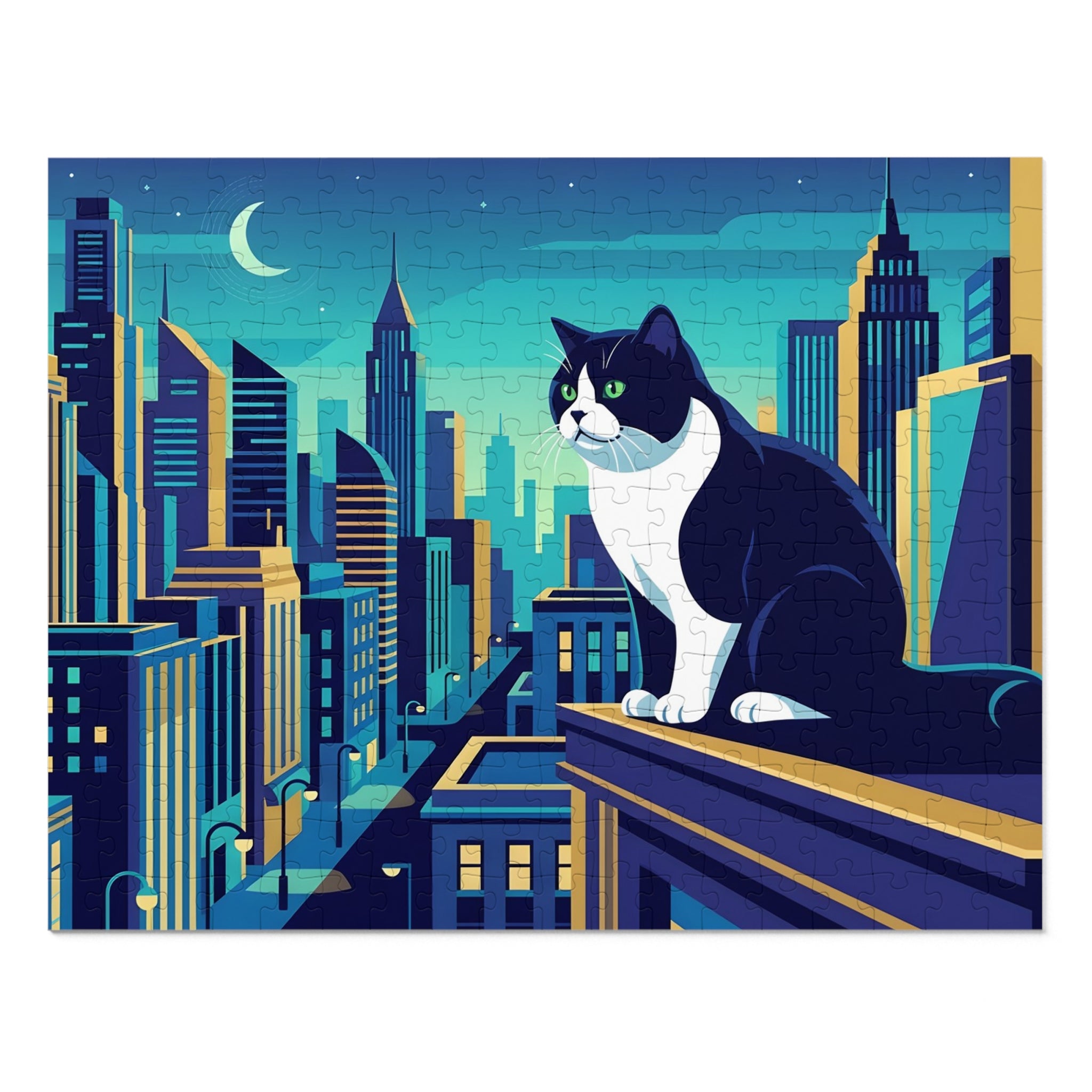 Tuxedo British Shorthair Night City Skyline Jigsaw Puzzle