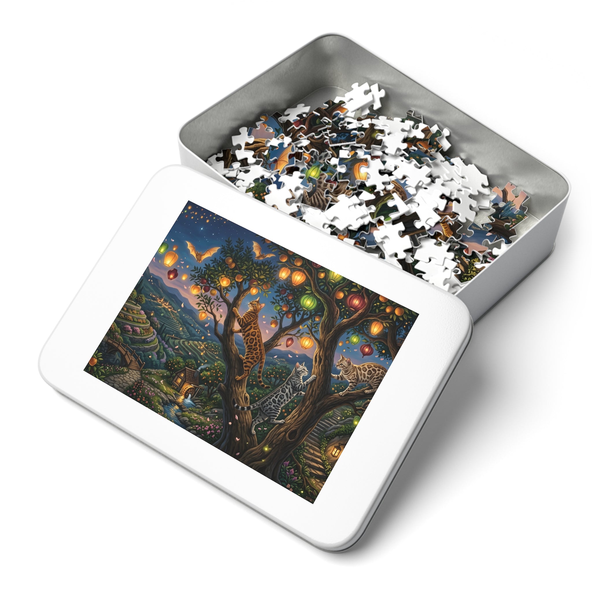 Bengal Cat Glowing Lantern Tree Orchard Twilight Jigsaw Puzzle