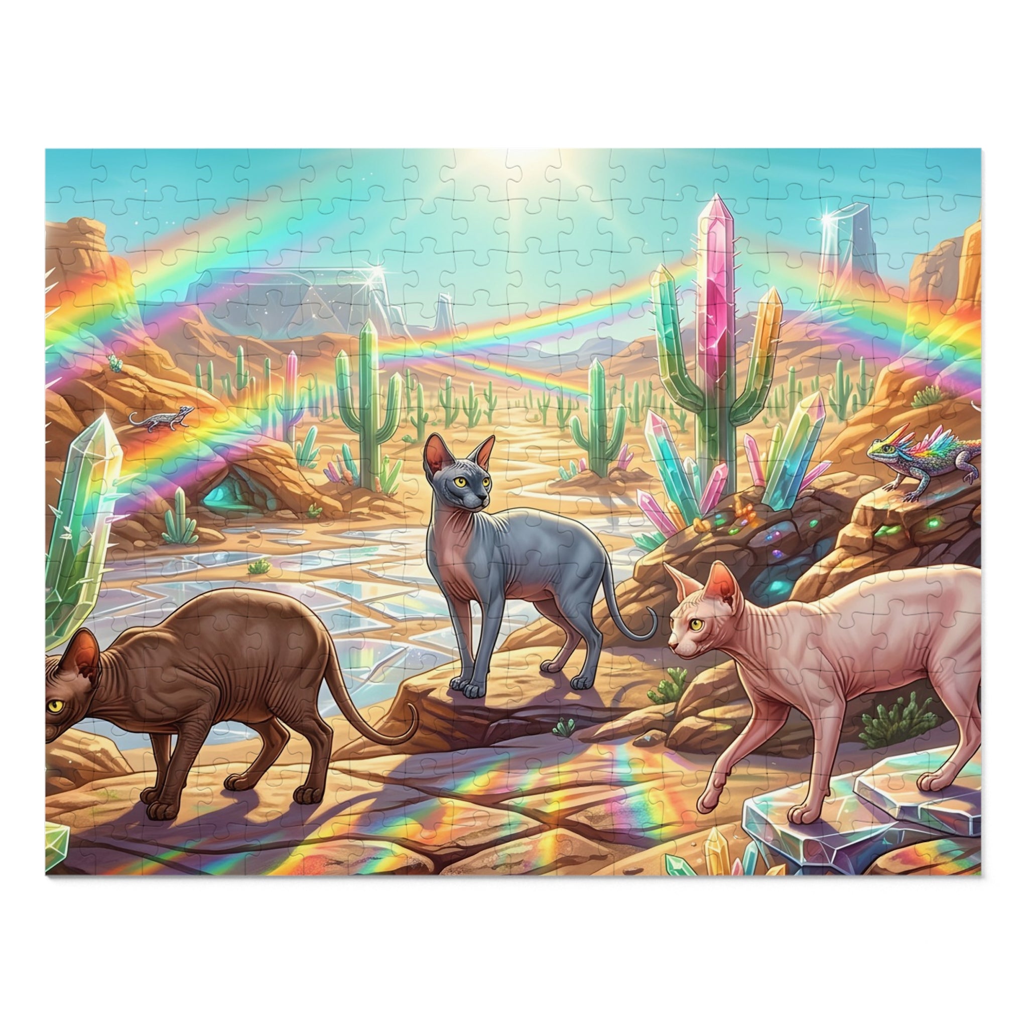 Sphynx Cat Rainbow Crystal Cactus Desert Jigsaw Puzzle