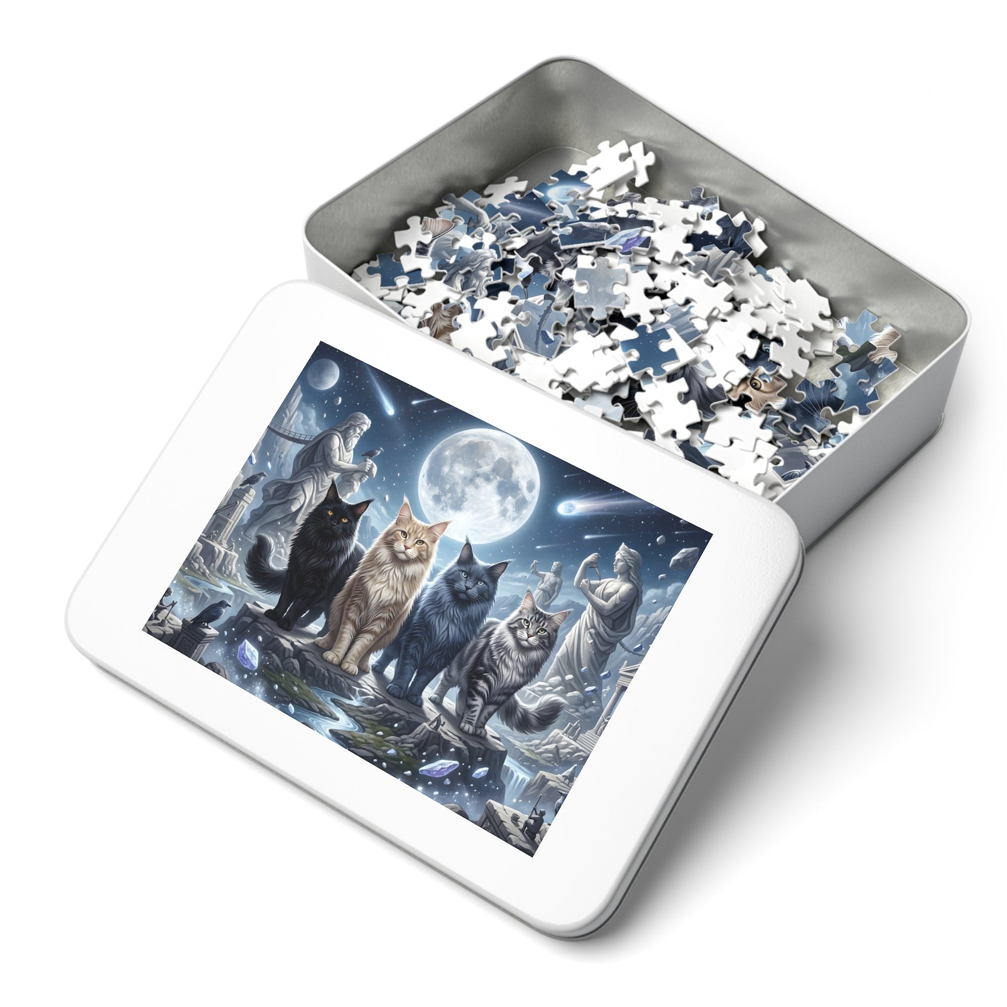 Maine Coon Cat Celestial Full Moon Greek Statue Crystal Temple Jigsaw Puzzle