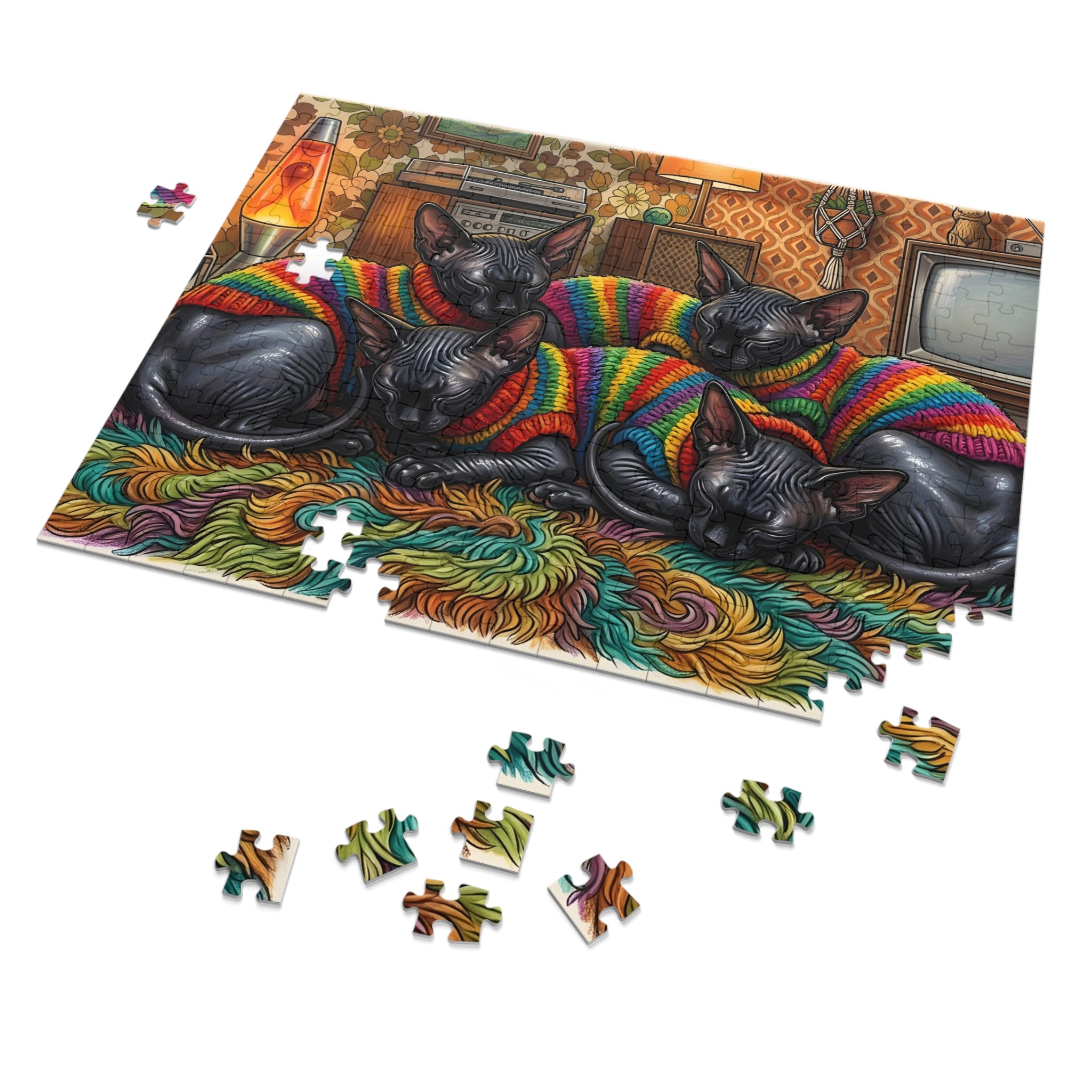Black Sphynx Rainbow Knit Sweaters Retro Living Room Jigsaw Puzzle