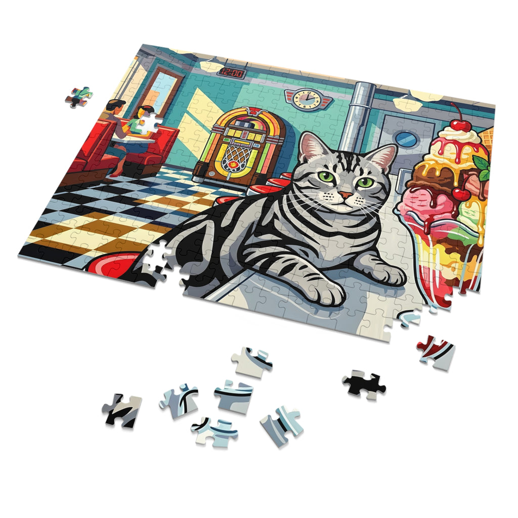 Silver Tabby American Shorthair 50s Diner Ice Cream Sundae Jigsaw Puzzle