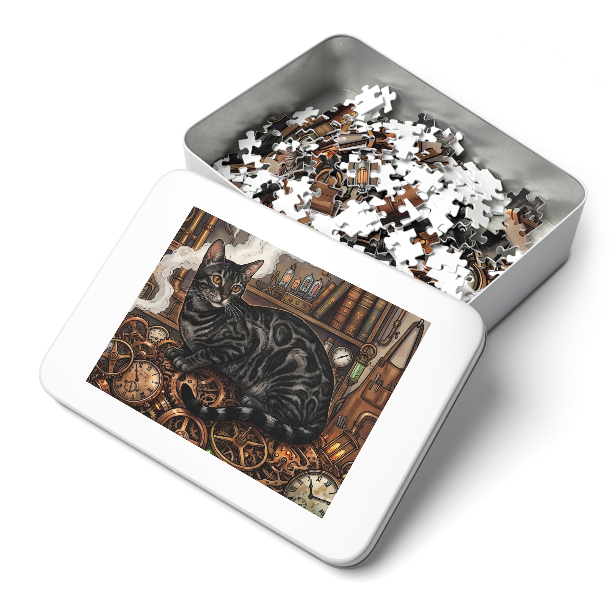 Charcoal Bengal Steampunk Clockwork Gears Jigsaw Puzzle