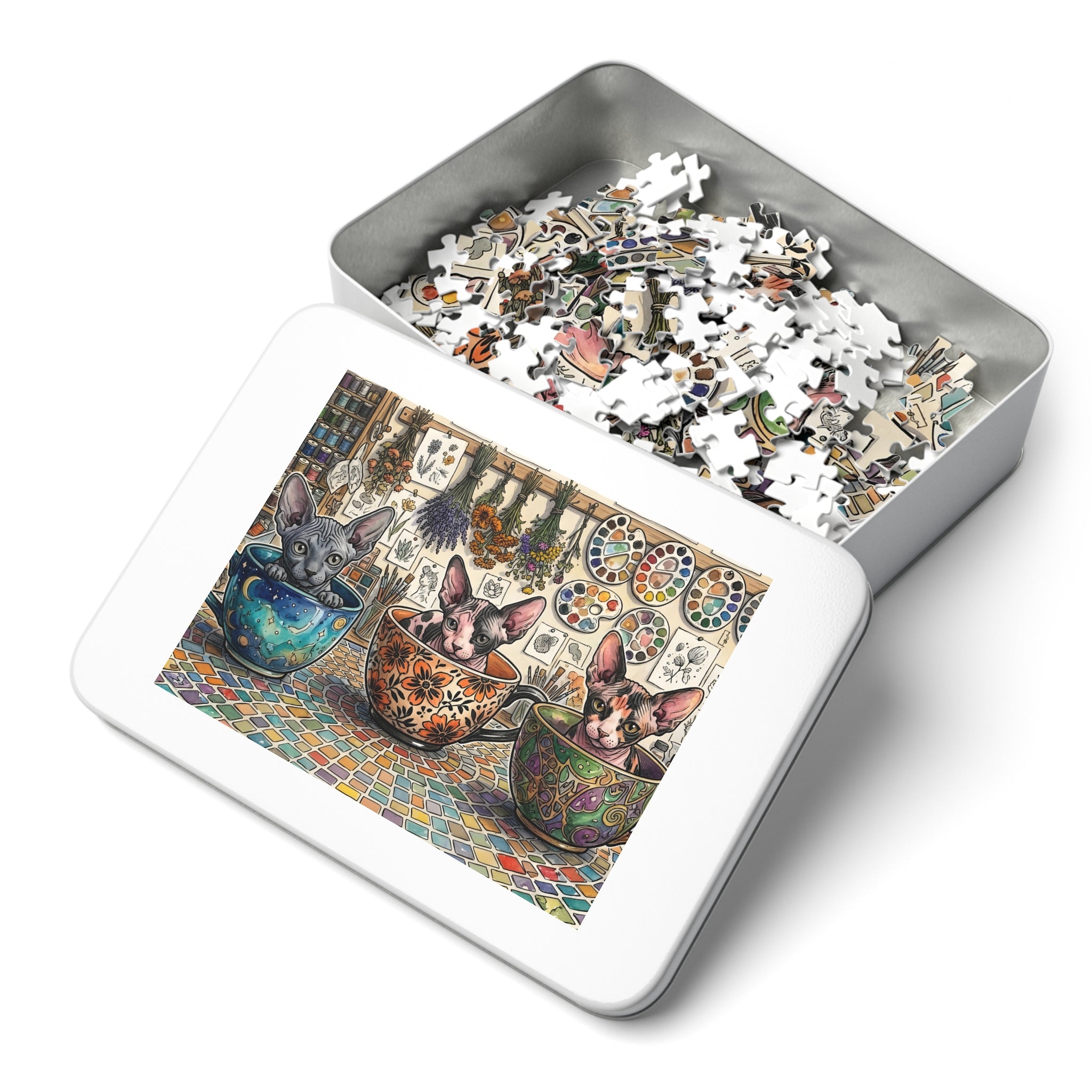 Grey, Calico, and Pink Sphynx Teacups Craft Room Jigsaw Puzzle
