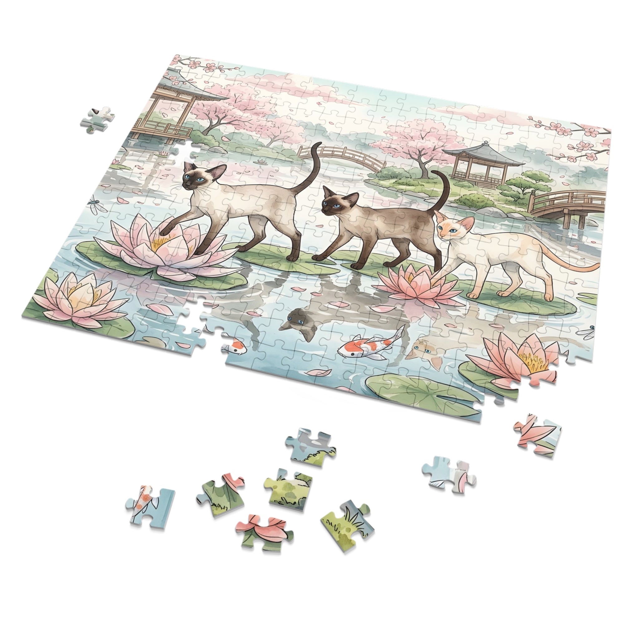 Siamese Cat Japanese Garden Water Lily Koi Pond Cherry Blossom Jigsaw Puzzle