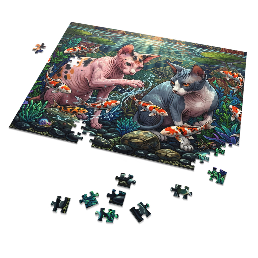 Calico and Grey White Sphynx Koi Pond Jigsaw Puzzle