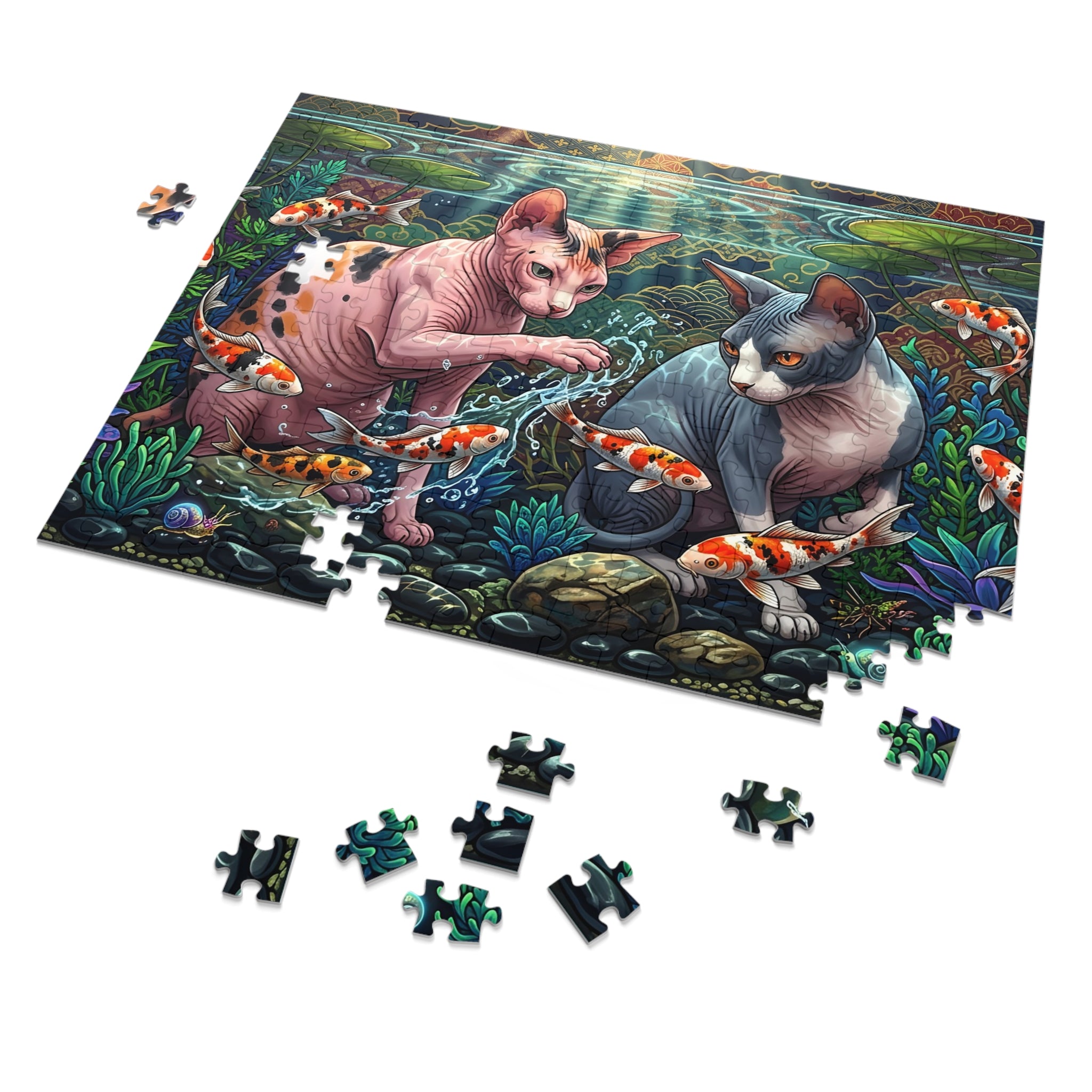 Calico and Grey White Sphynx Koi Pond Jigsaw Puzzle