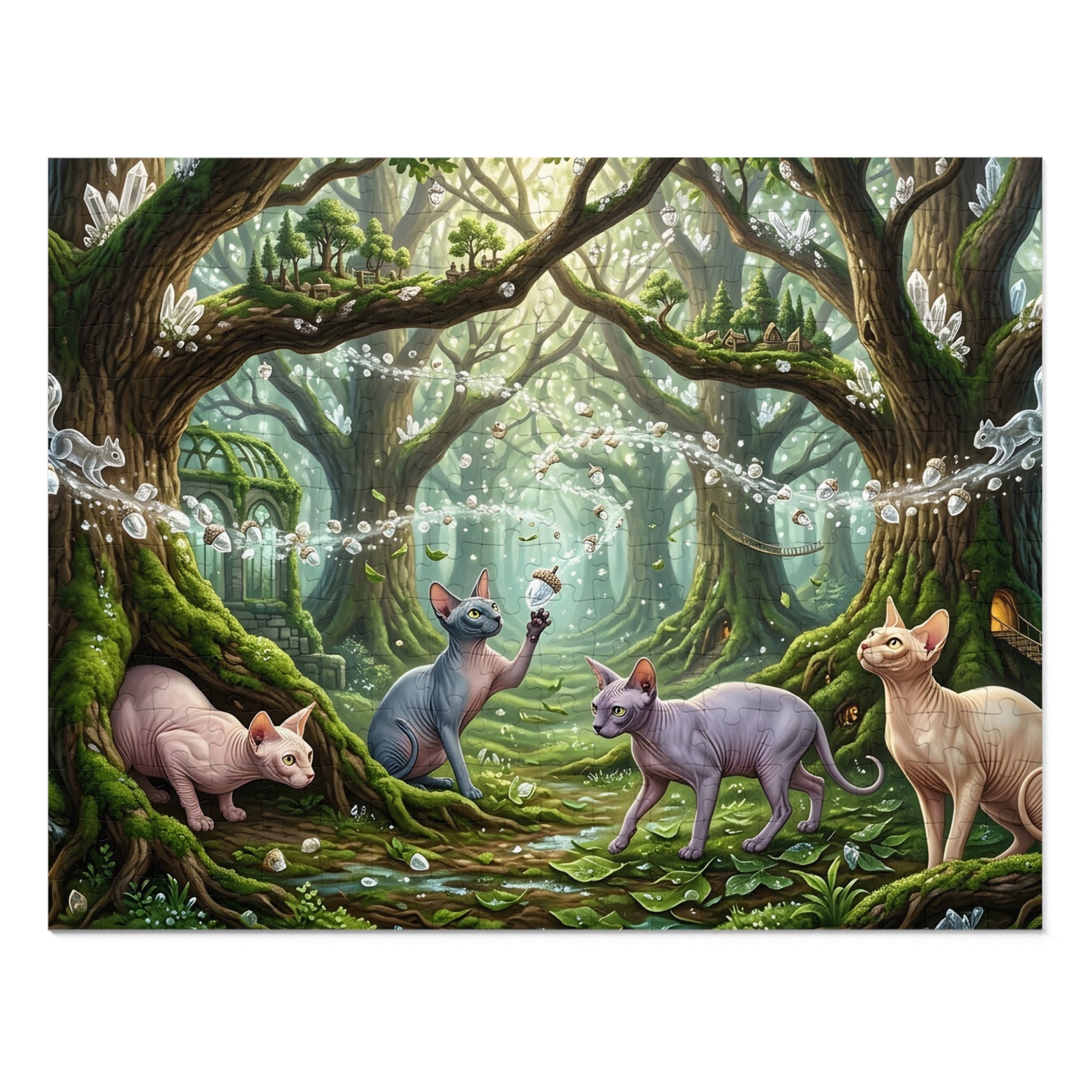 Sphynx Cat Enchanted Crystal Forest Acorn Jigsaw Puzzle