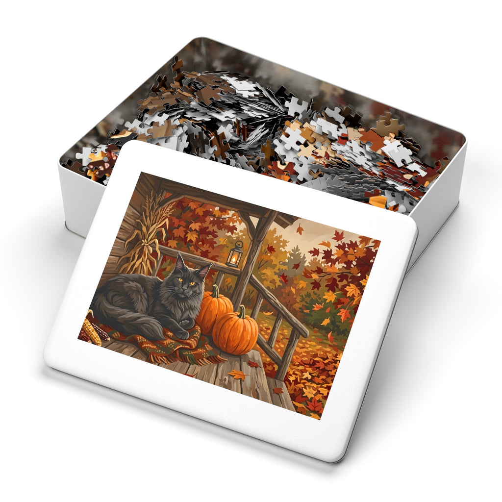 Black Maine Coon Autumn Porch Pumpkins Jigsaw Puzzle