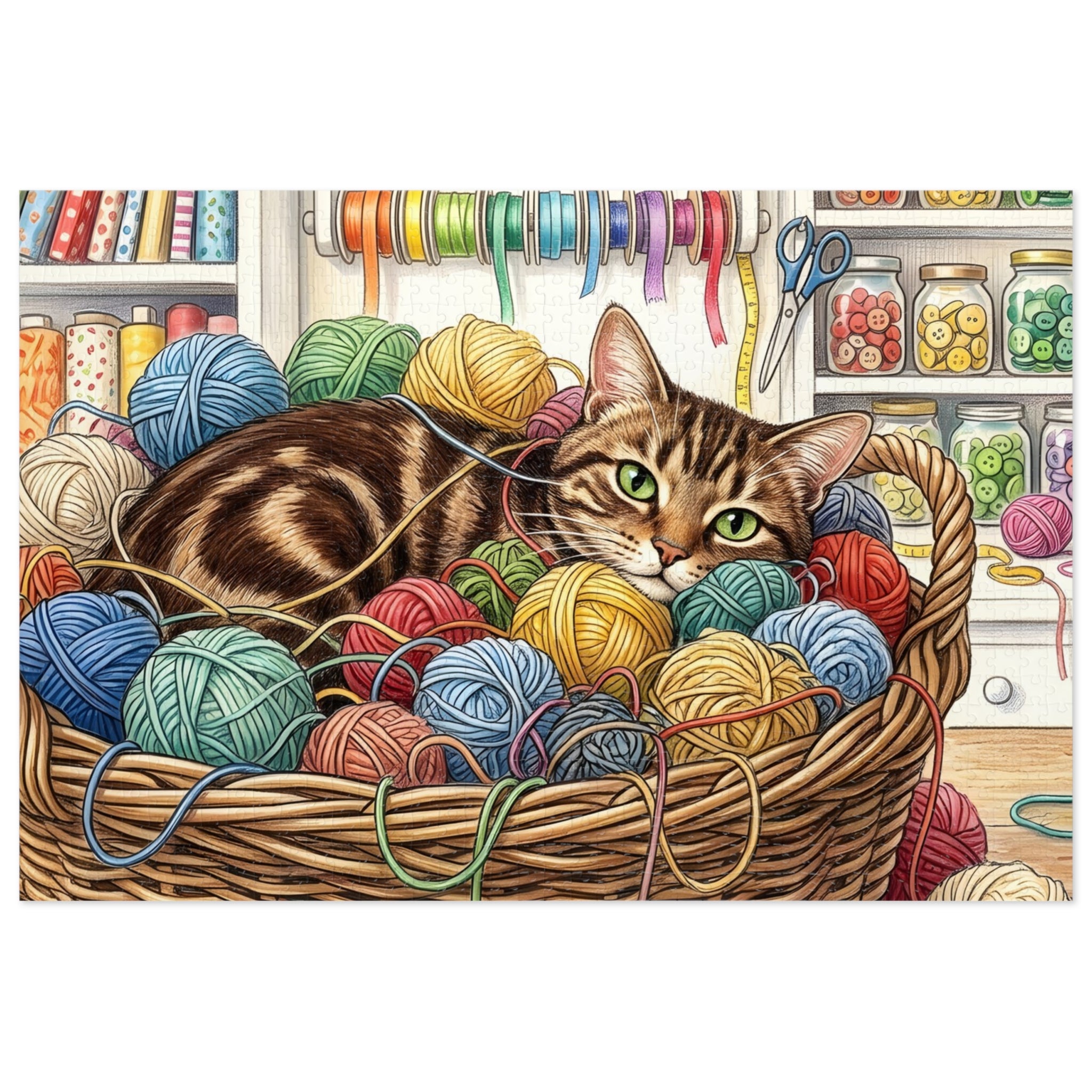 Brown Tabby American Shorthair Yarn Basket Craft Room Jigsaw Puzzle