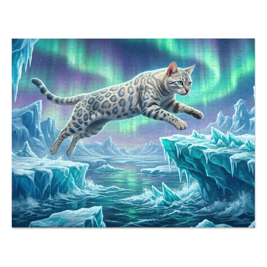 Snow Bengal Leaping Across Glaciers Under Aurora Borealis Jigsaw Puzzle