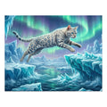 Snow Bengal Leaping Across Glaciers Under Aurora Borealis Jigsaw Puzzle