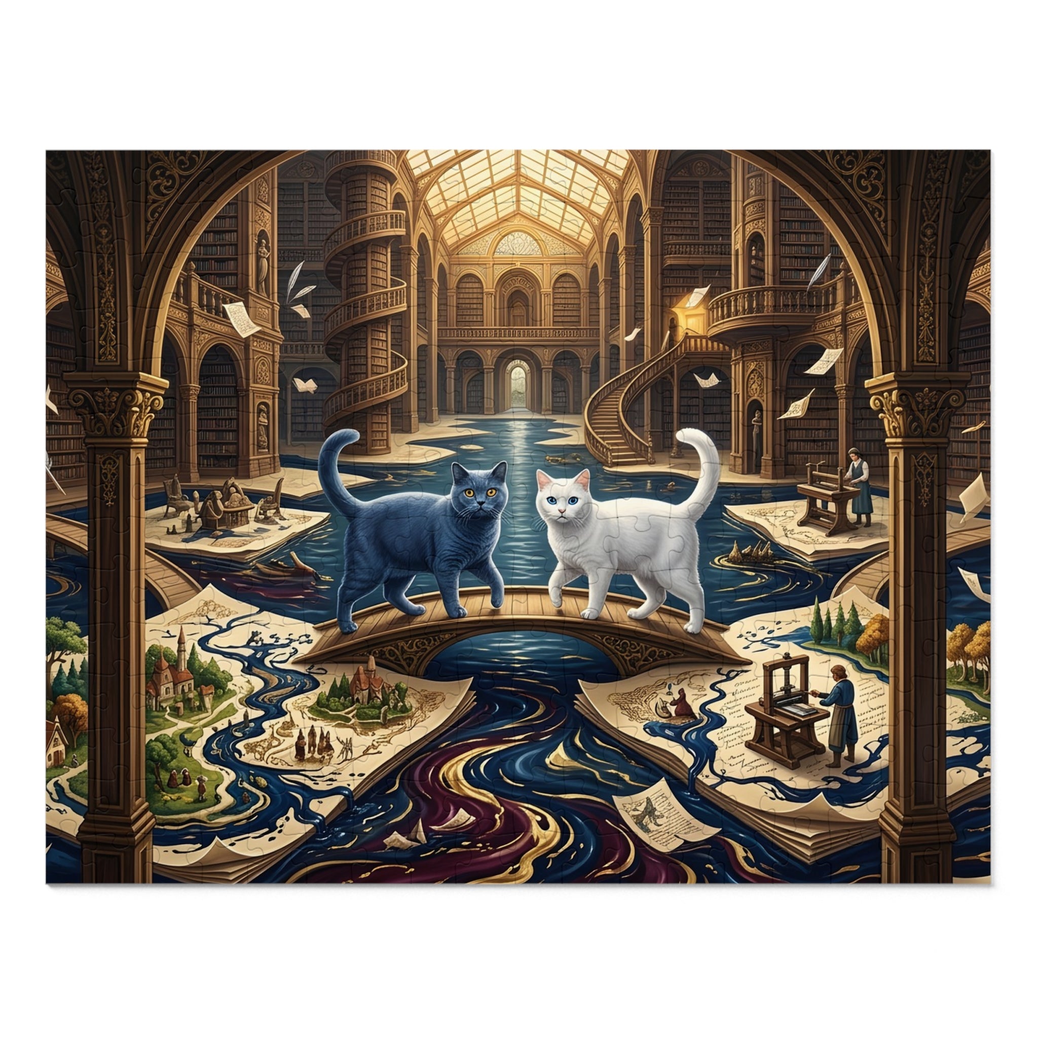 American Shorthair Cat Grand Library Map Bridge Printing Press Jigsaw Puzzle
