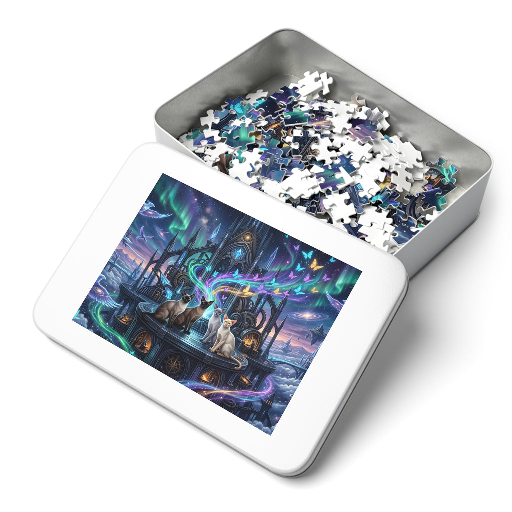 Siamese Cat Gothic Clockwork Citadel Aurora Butterfly Cosmic Jigsaw Puzzle