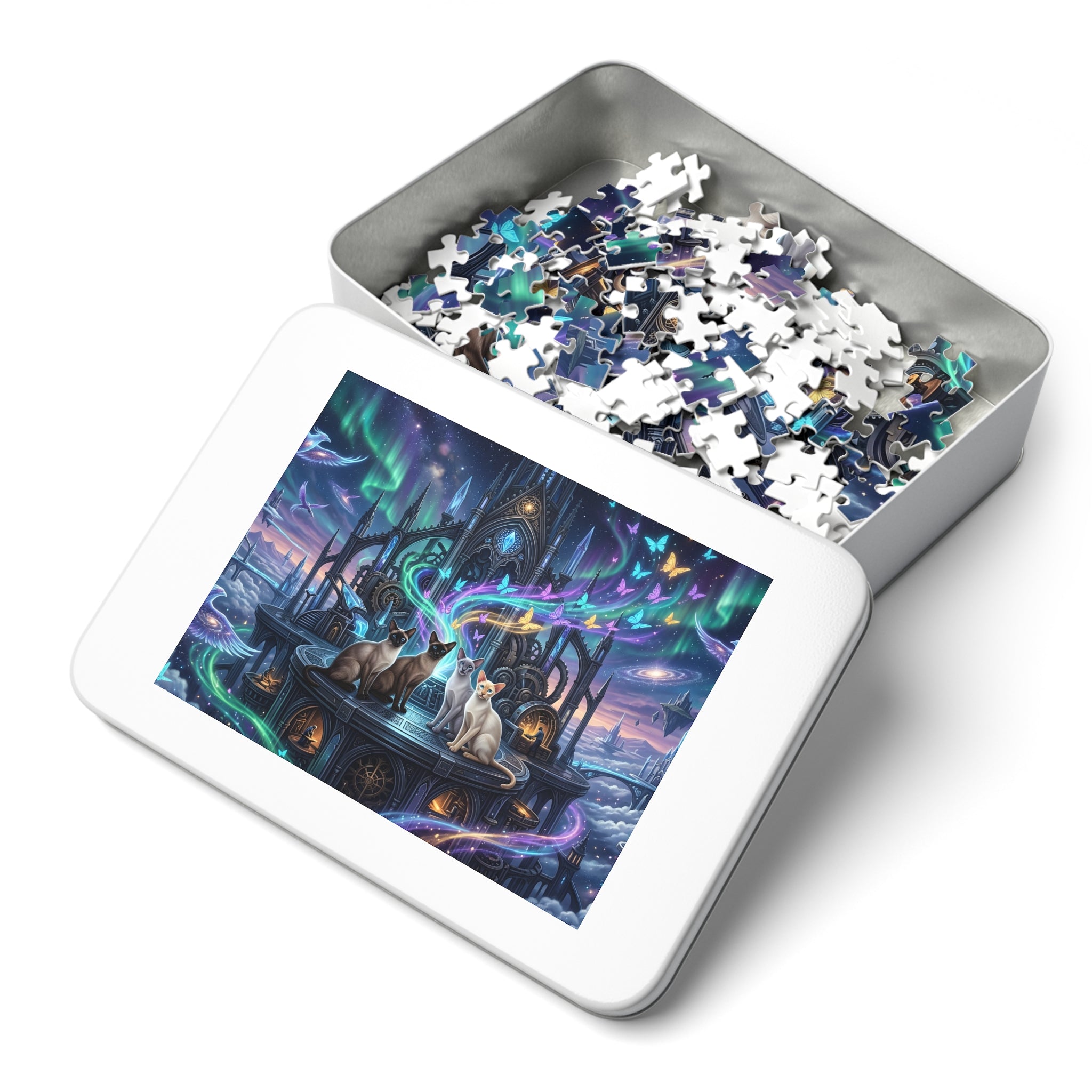 Siamese Cat Gothic Clockwork Citadel Aurora Butterfly Cosmic Jigsaw Puzzle