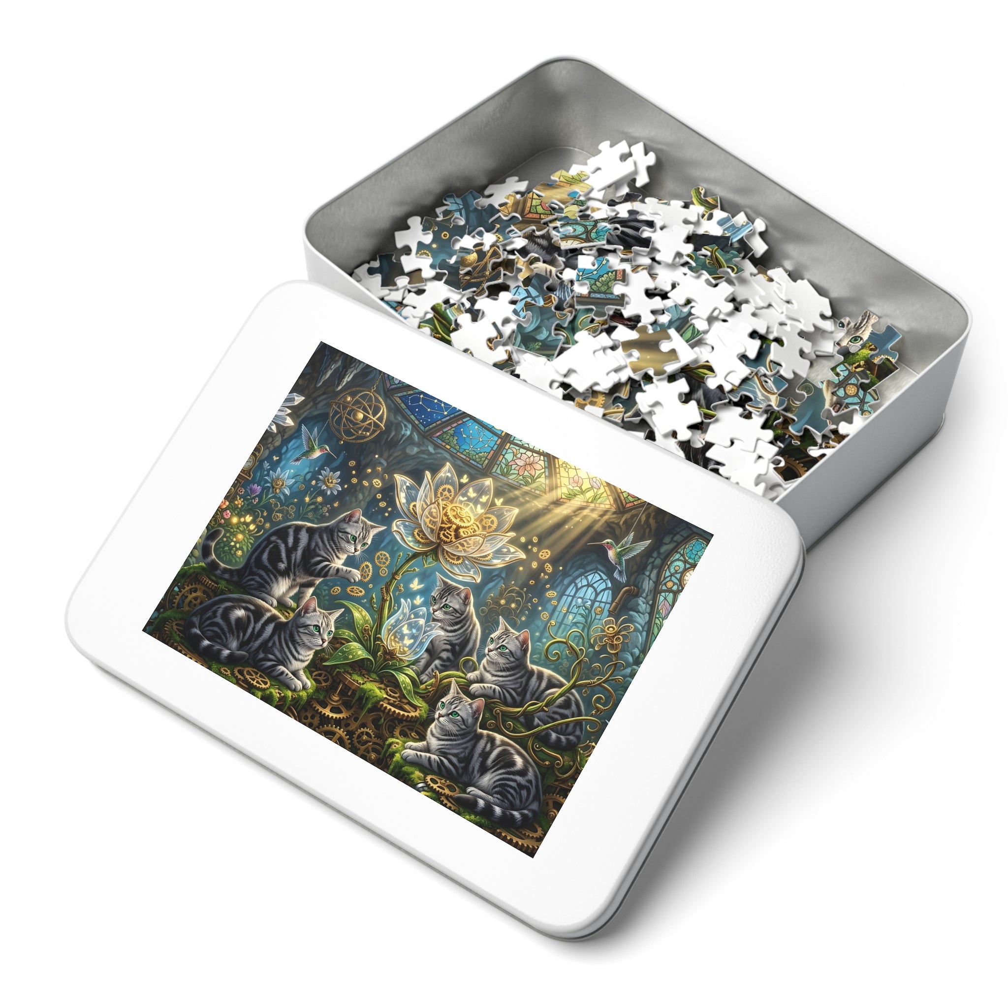 Silver Tabby American Shorthair Steampunk Clockwork Lotus Greenhouse Jigsaw Puzzle