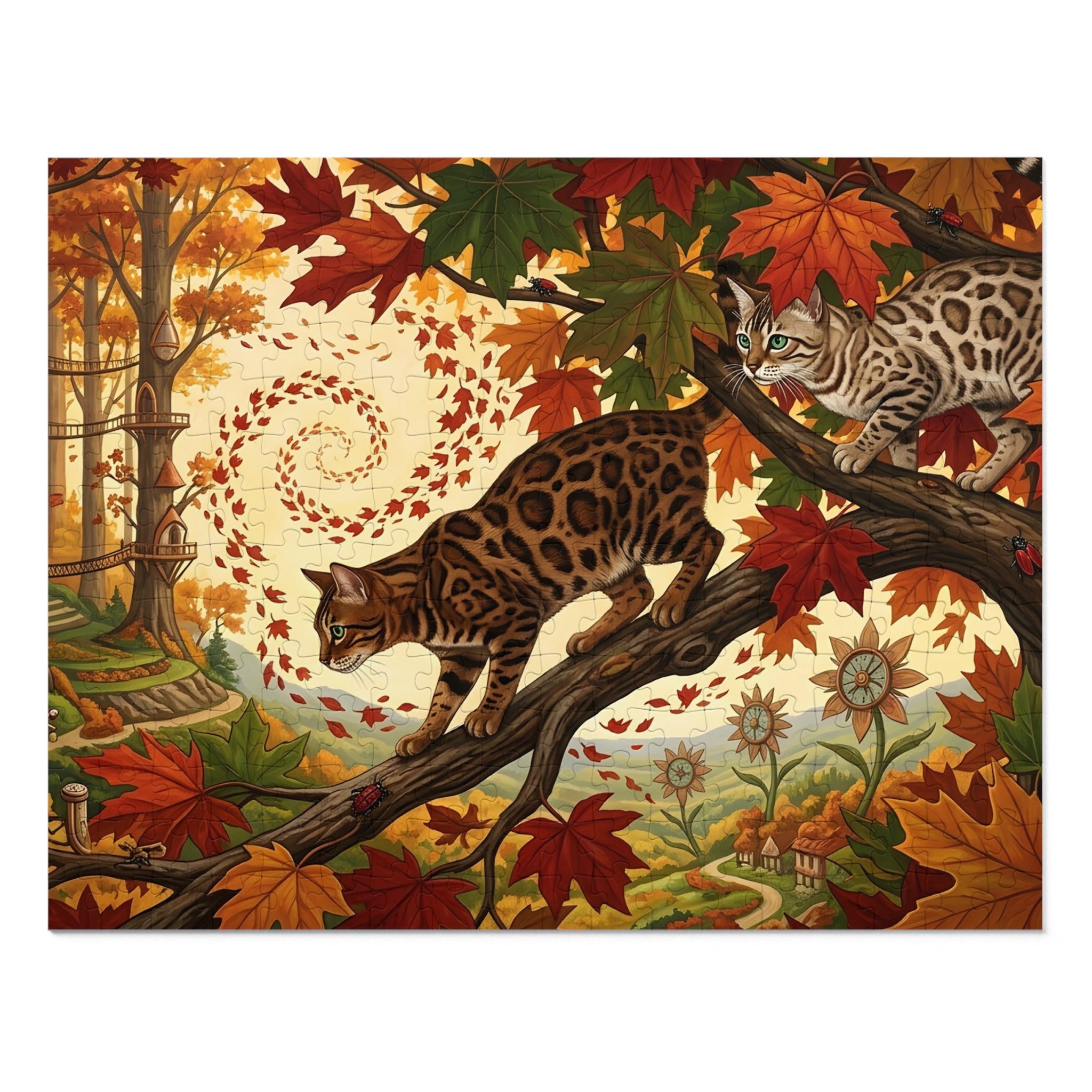 Bengal Cat Autumn Leaf Vortex Forest Jigsaw Puzzle