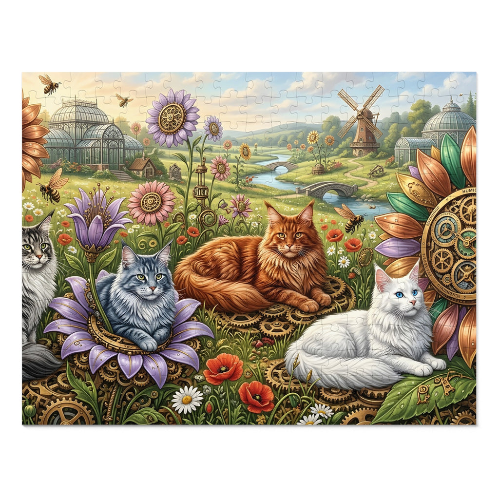 Maine Coon Cat Steampunk Botanical Garden Greenhouse Windmill Jigsaw Puzzle