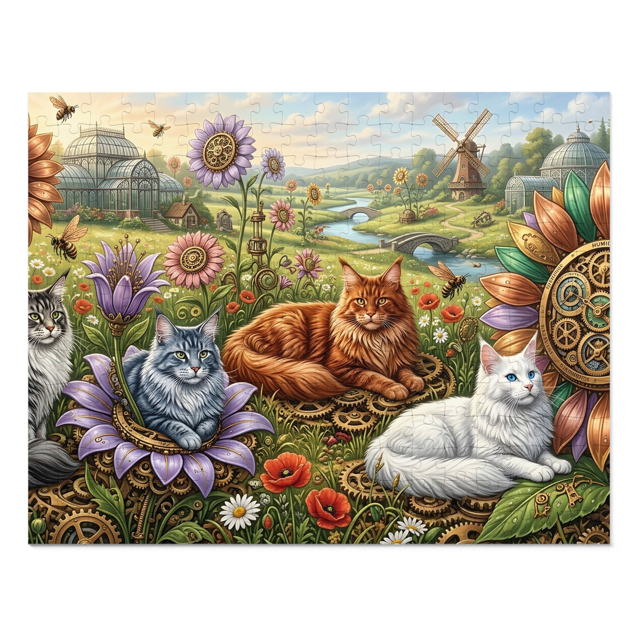 Maine Coon Cat Steampunk Botanical Garden Greenhouse Windmill Jigsaw Puzzle