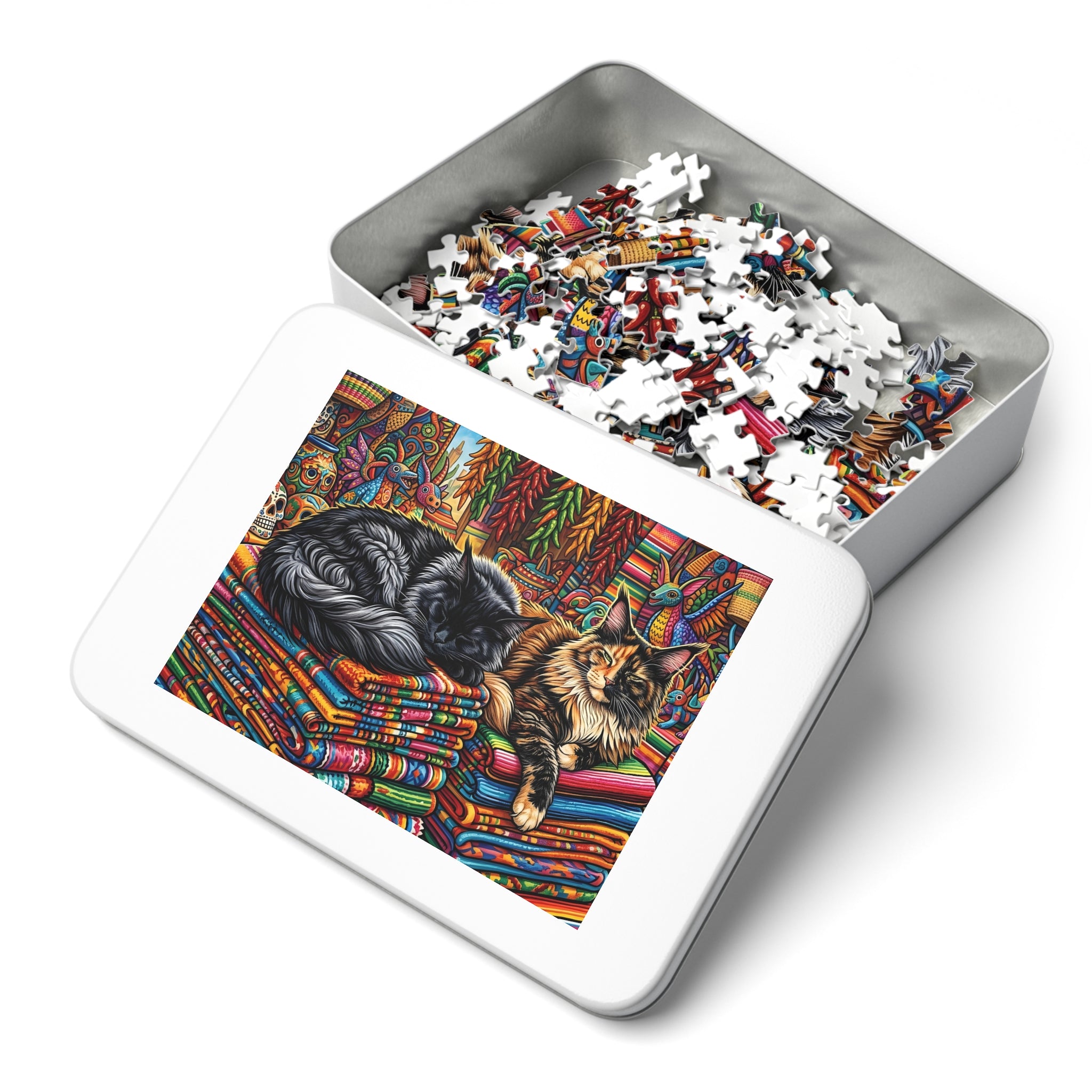 Black and Tortoiseshell Maine Coon Mexican Market Blankets Jigsaw Puzzle