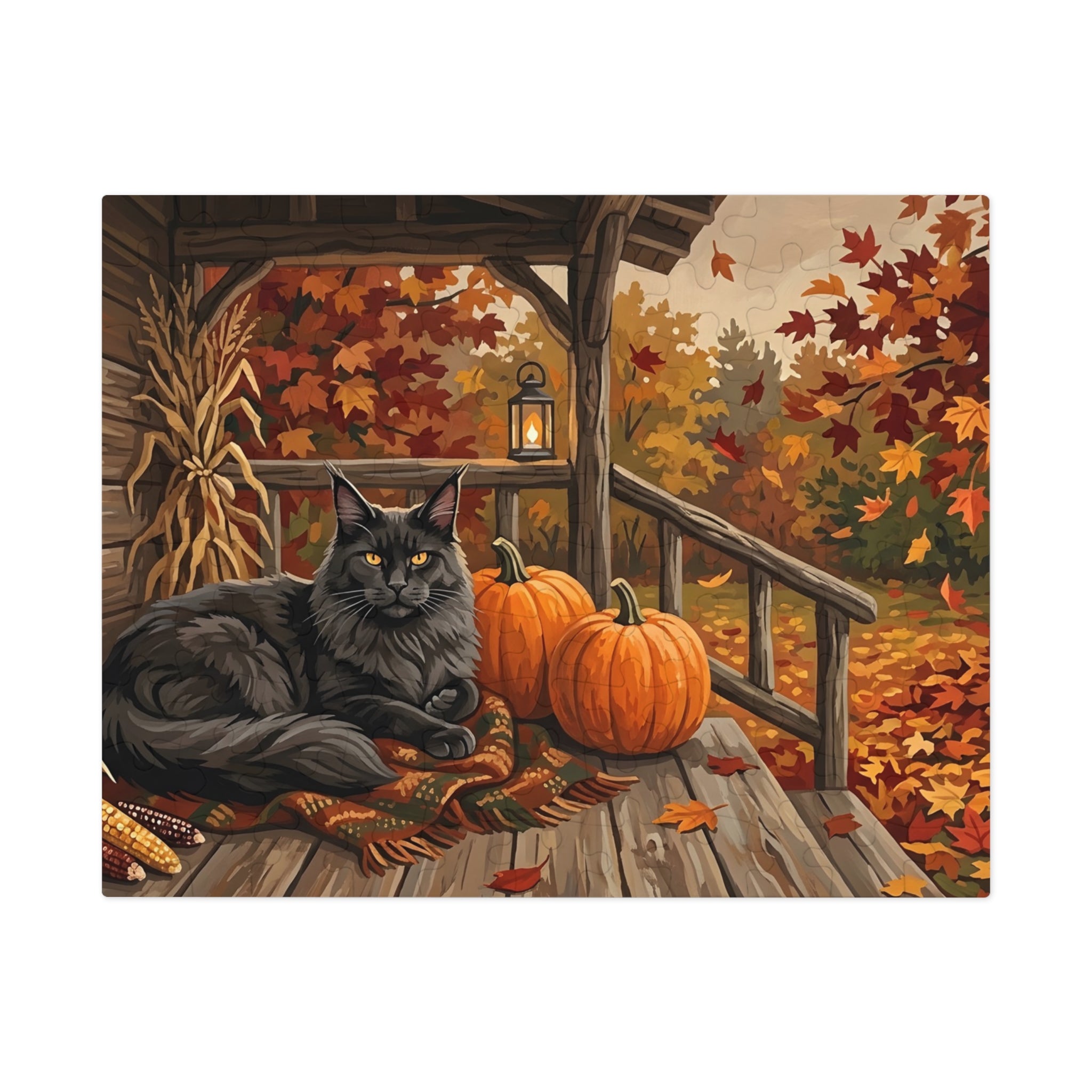 Black Maine Coon Autumn Porch Pumpkins Jigsaw Puzzle