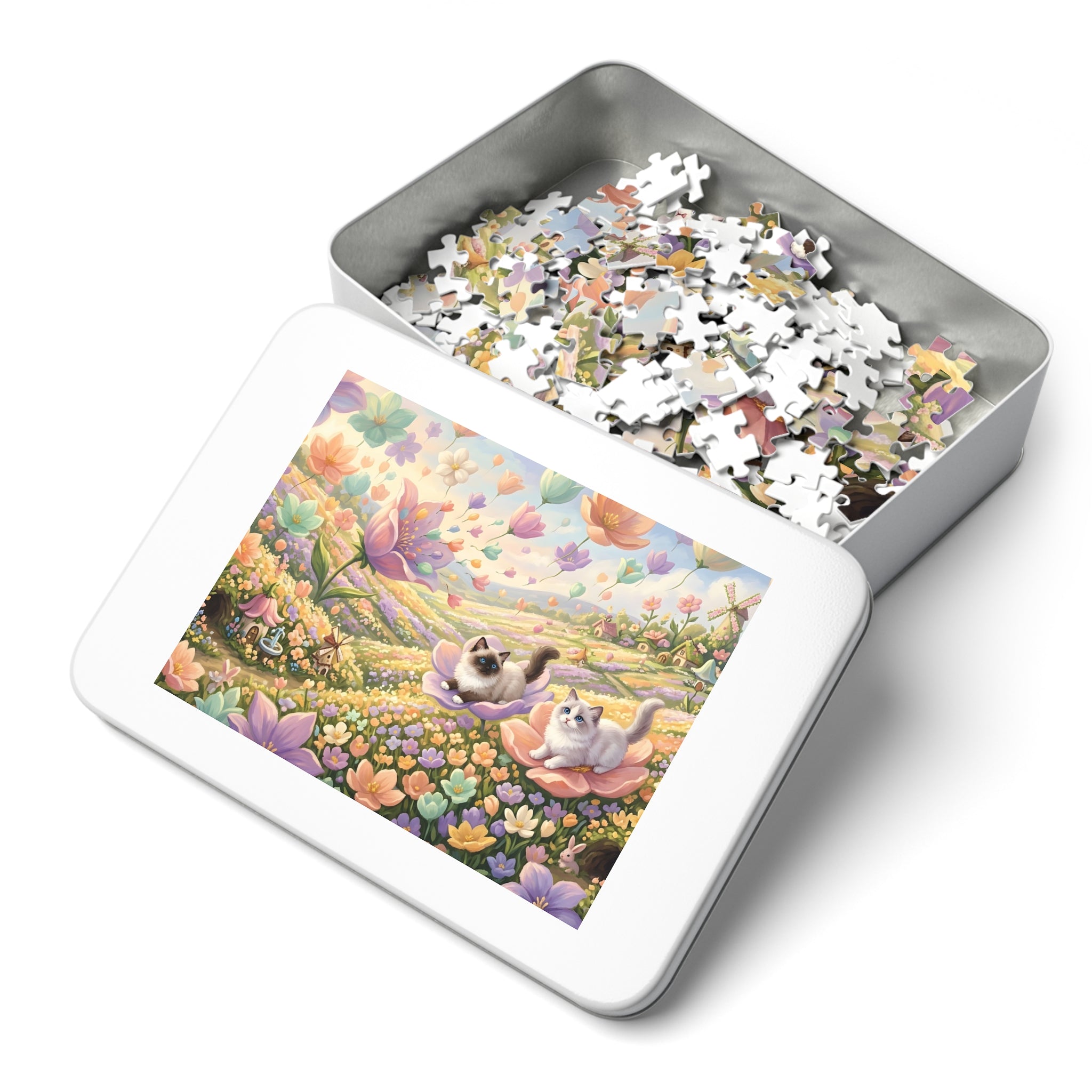 Ragdoll Kitten Pastel Floating Flower Meadow Jigsaw Puzzle