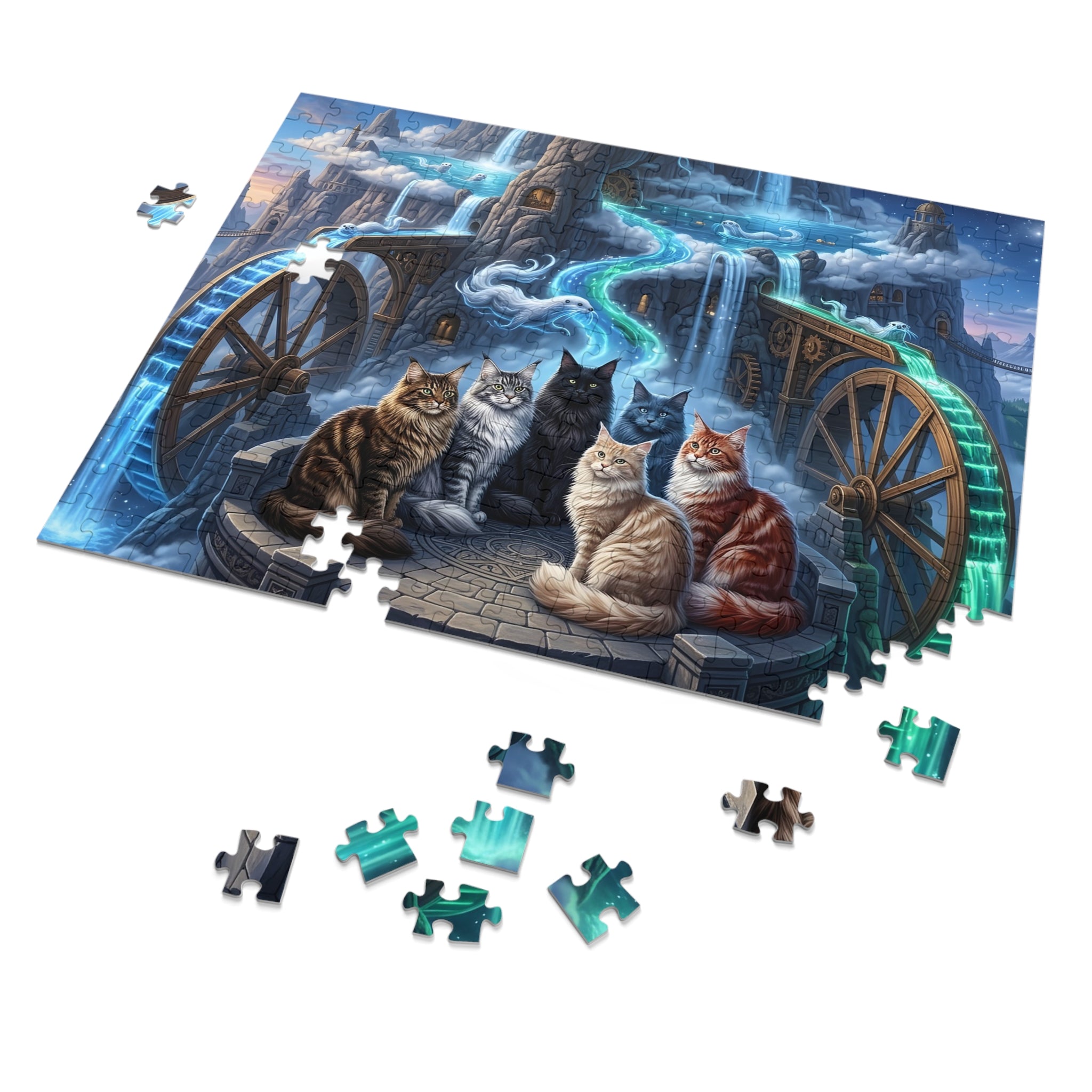 Maine Coon Cat Water Wheel Mountain Waterfalls Otter Spirit Jigsaw Puzzle