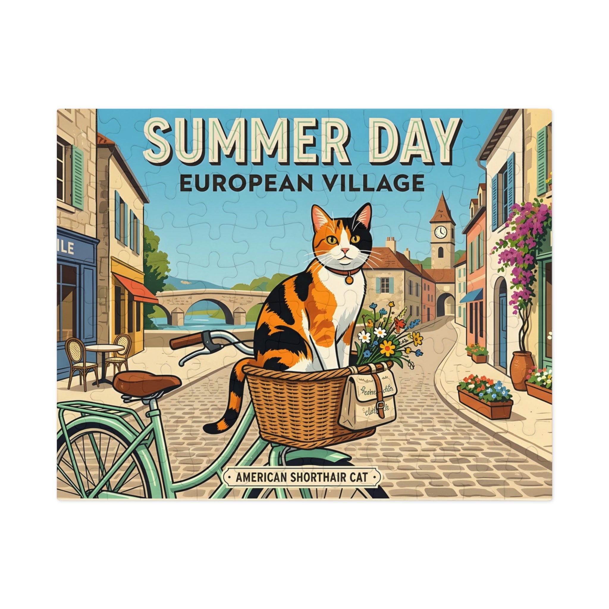 Calico American Shorthair Summer Day European Village Jigsaw Puzzle