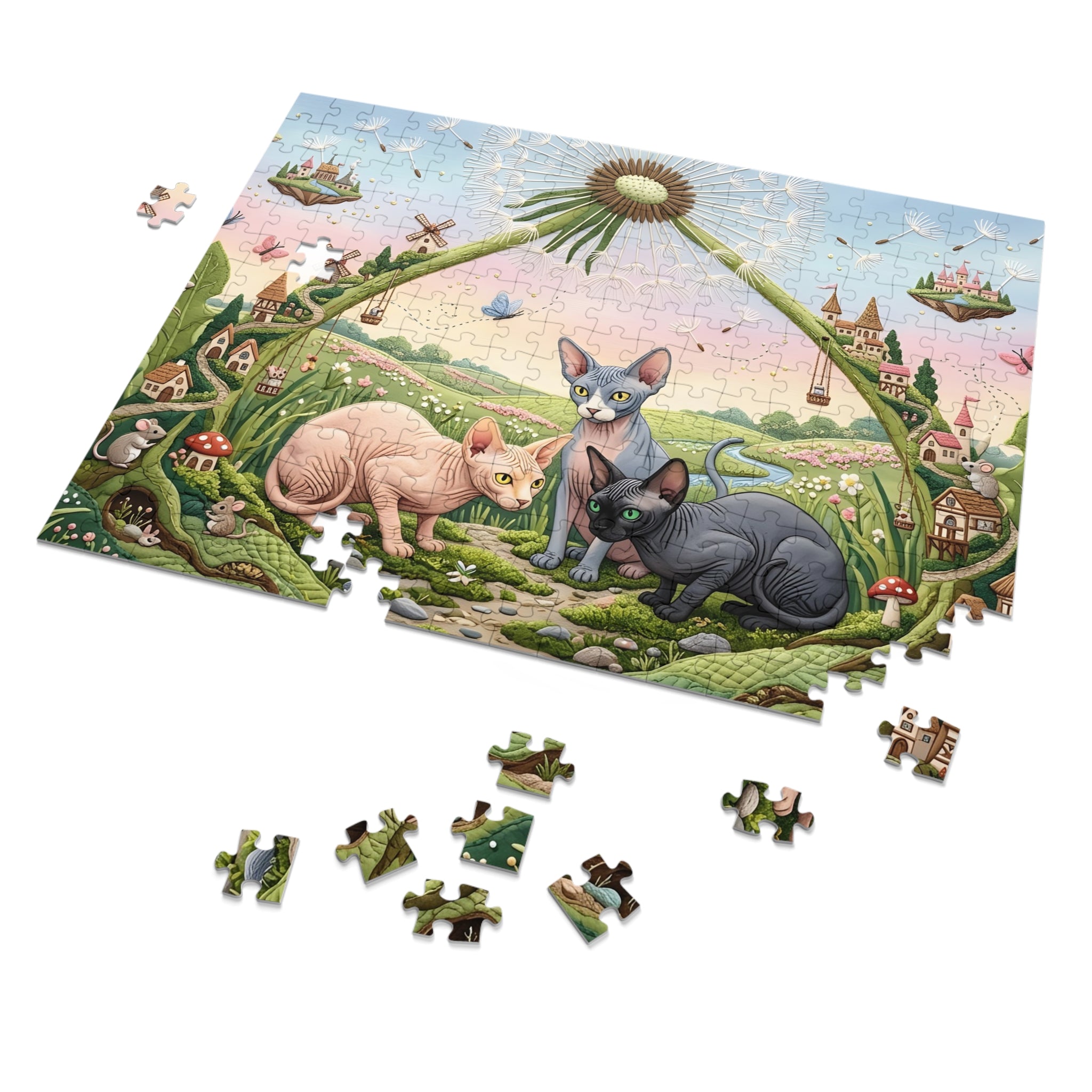 Sphynx Cat Giant Dandelion Fairy Village Jigsaw Puzzle