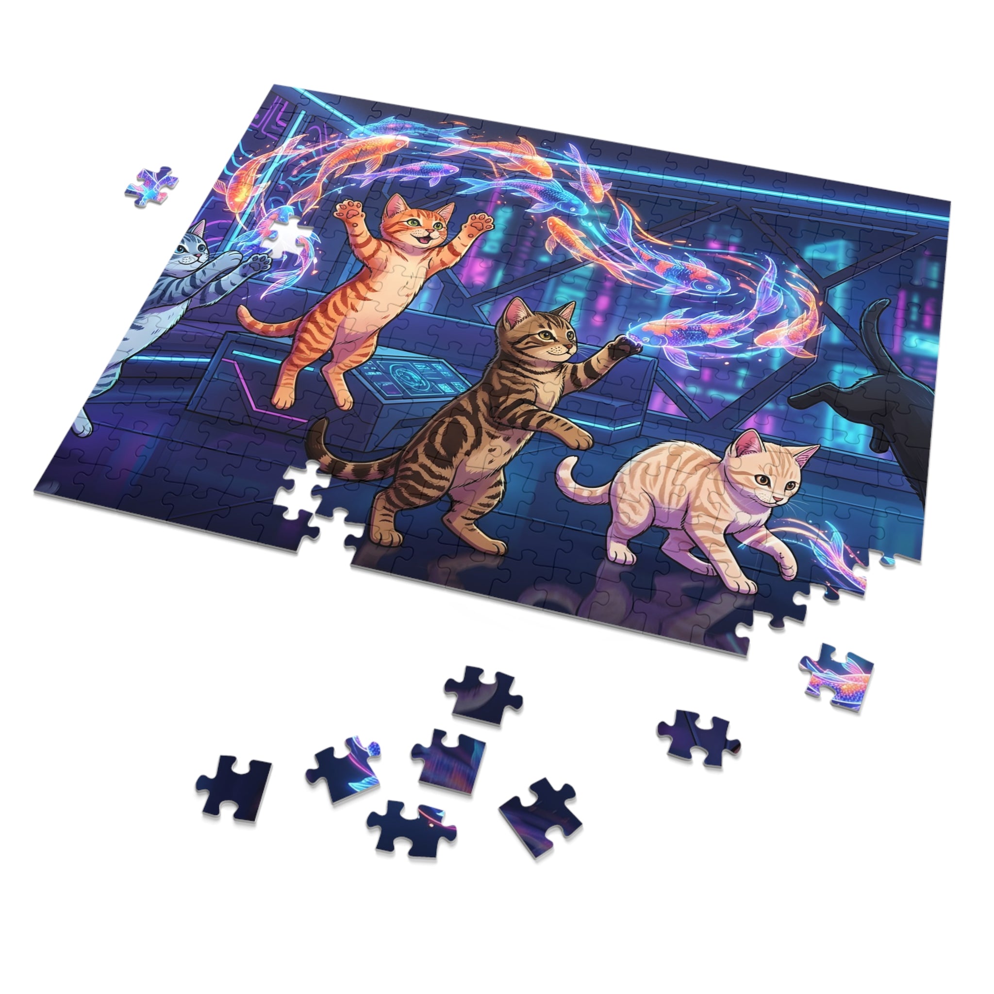 American Shorthair Cyberpunk Neon Glowing Koi Fish Jigsaw Puzzle
