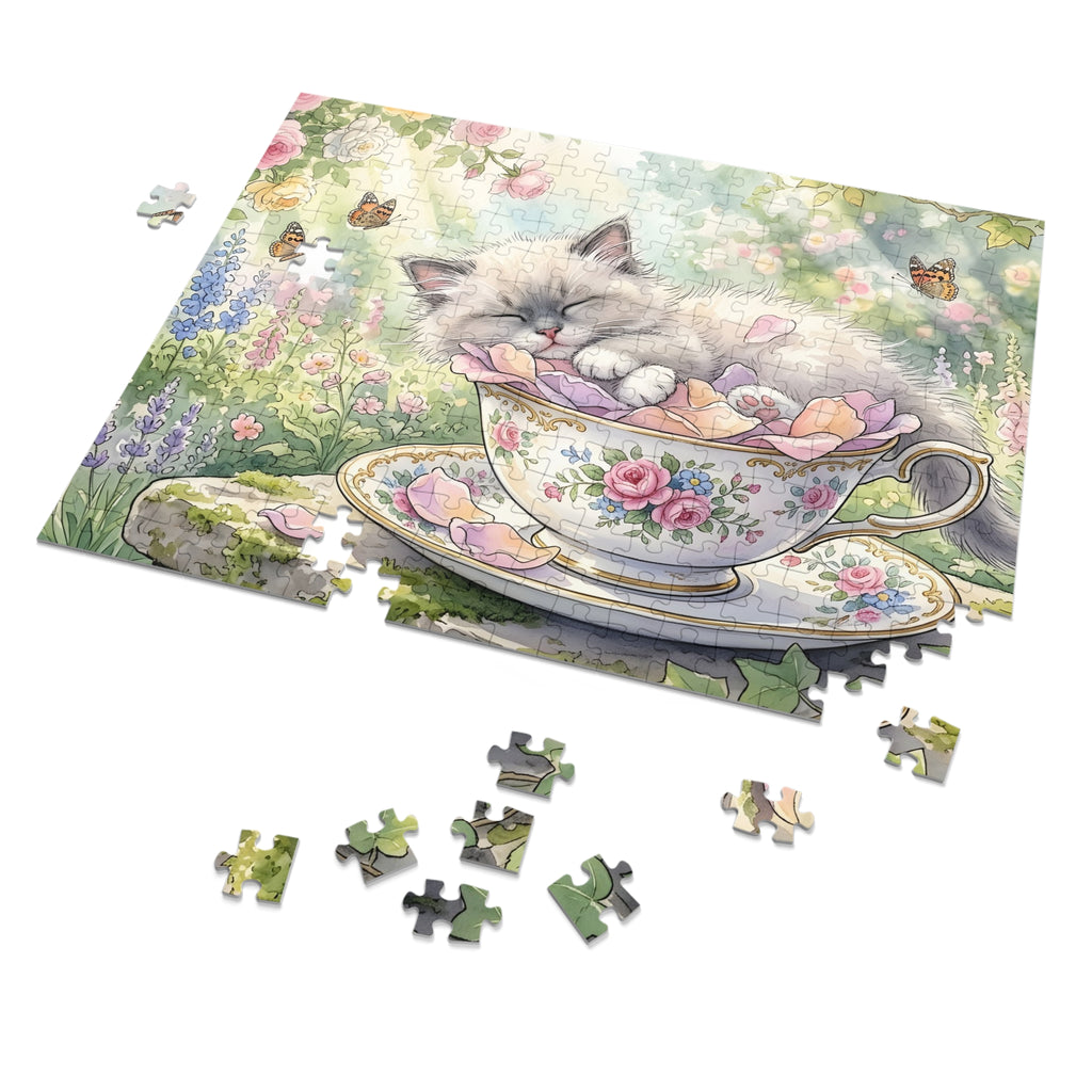 Blue Point Ragdoll Kitten Floral Teacup Garden Jigsaw Puzzle
