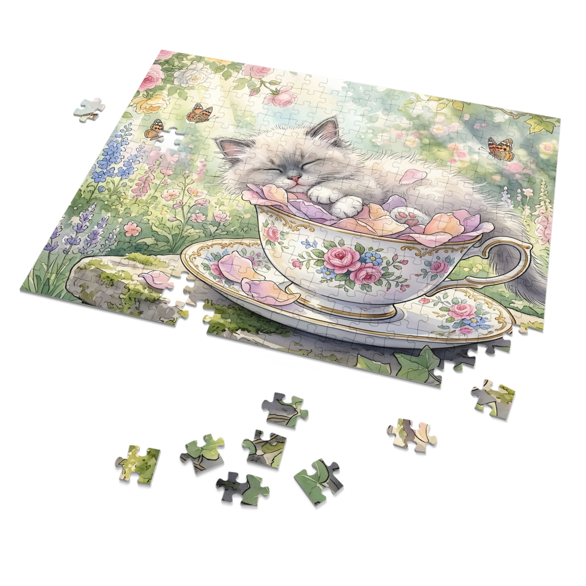Blue Point Ragdoll Kitten Floral Teacup Garden Jigsaw Puzzle