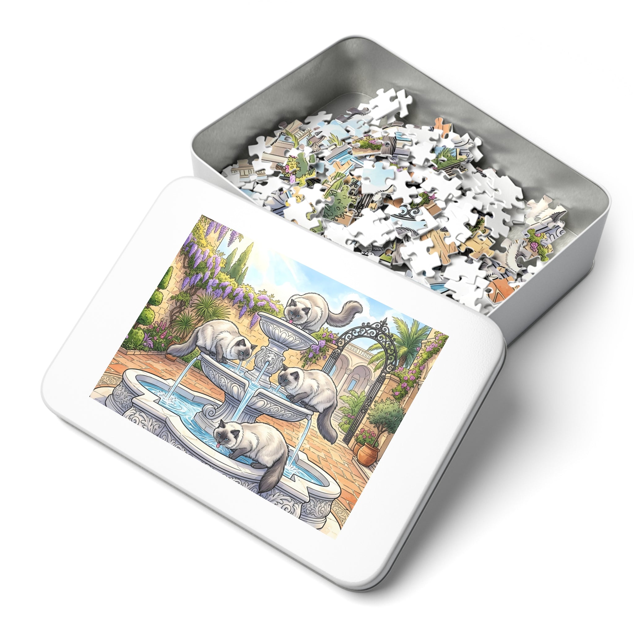 Ragdoll Cats Garden Water Fountain Jigsaw Puzzle