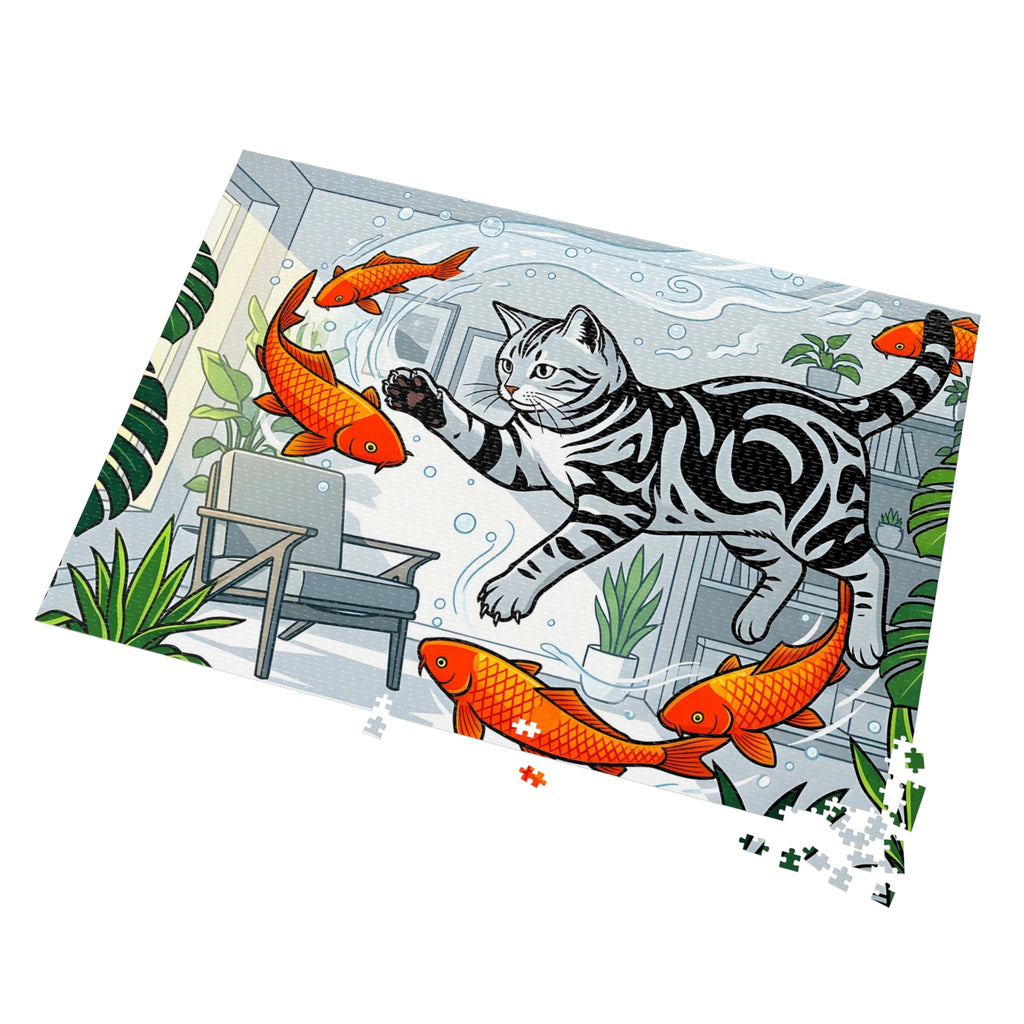 Silver Tabby American Shorthair Flying Goldfish Room Jigsaw Puzzle