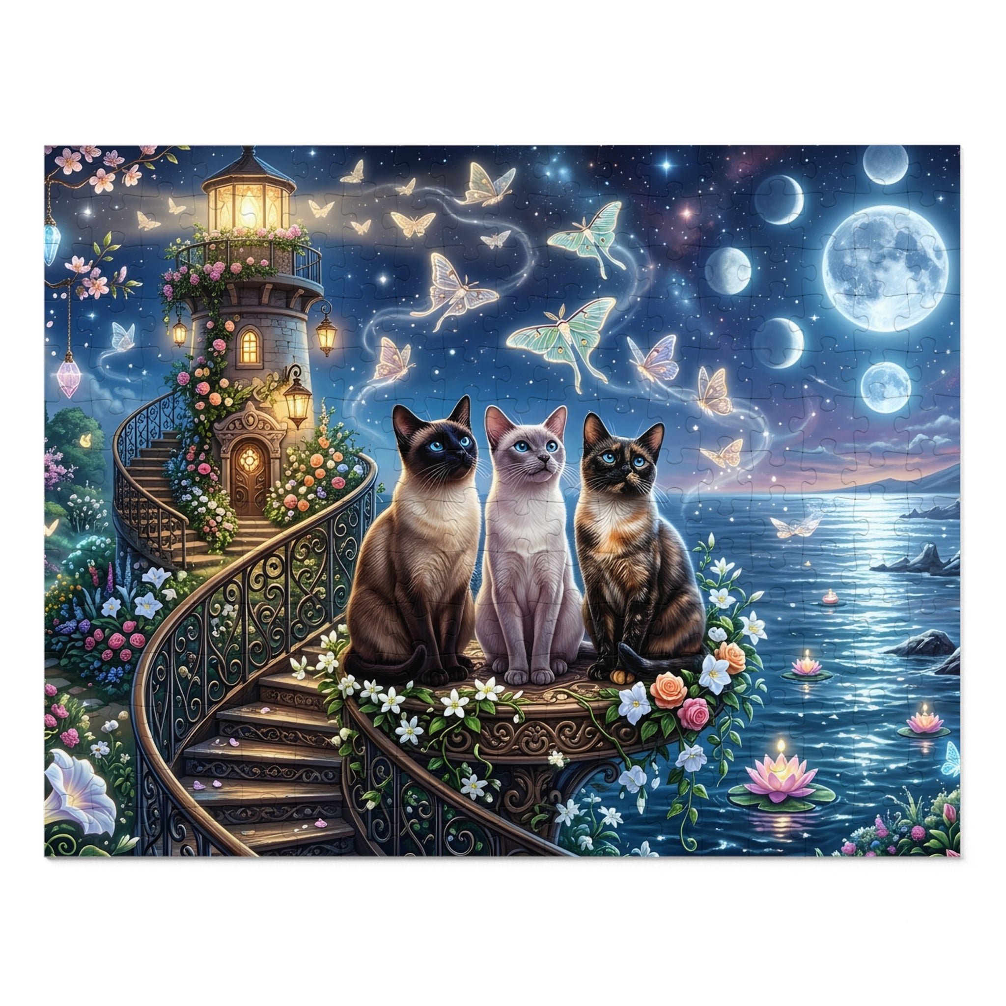 Multicolor Siamese Moonlit Lighthouse Jigsaw Puzzle