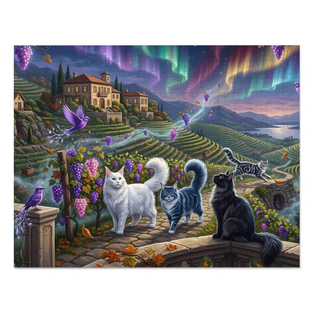 Maine Coon Cat Tuscan Vineyard Northern Lights Grape Harvest Jigsaw Puzzle