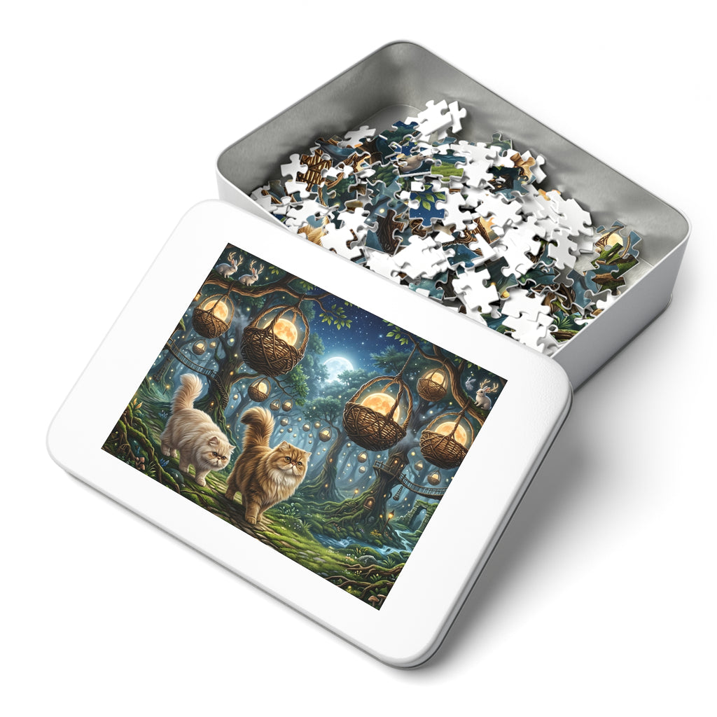 Persian Cat Enchanted Forest Moon Basket Lanterns Jigsaw Puzzle
