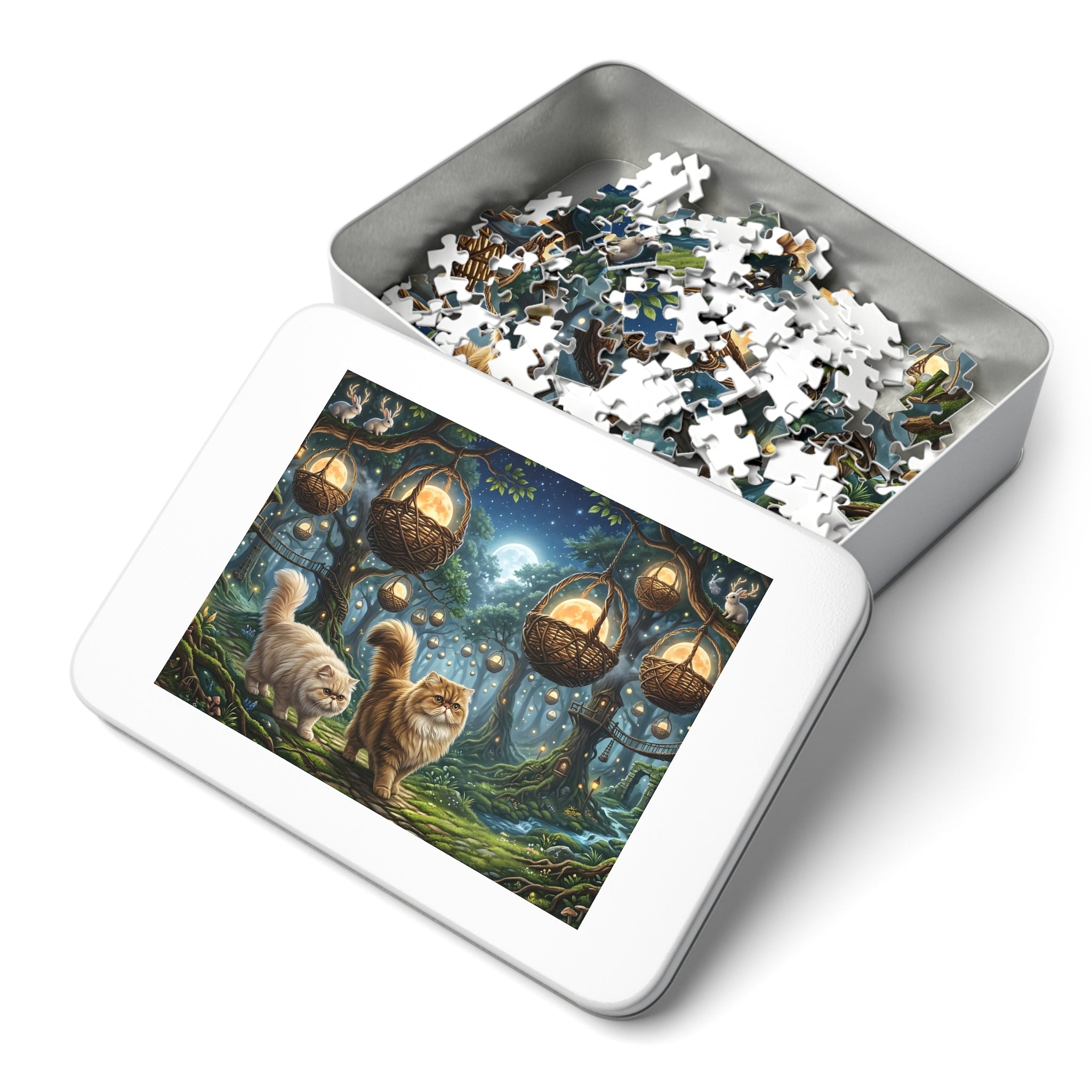 Persian Cat Enchanted Forest Moon Basket Lanterns Jigsaw Puzzle