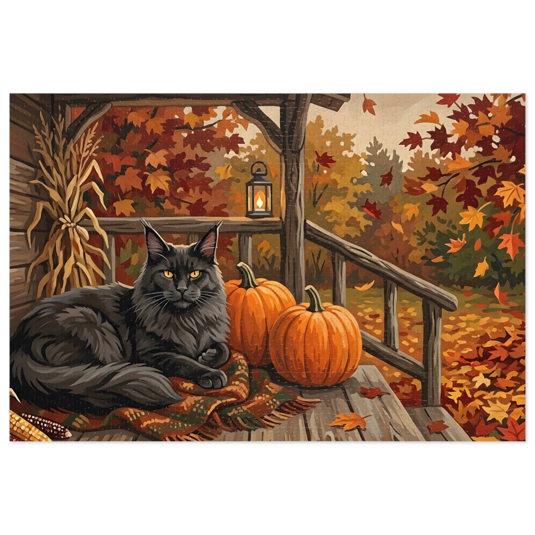 Black Maine Coon Autumn Porch Pumpkins Jigsaw Puzzle
