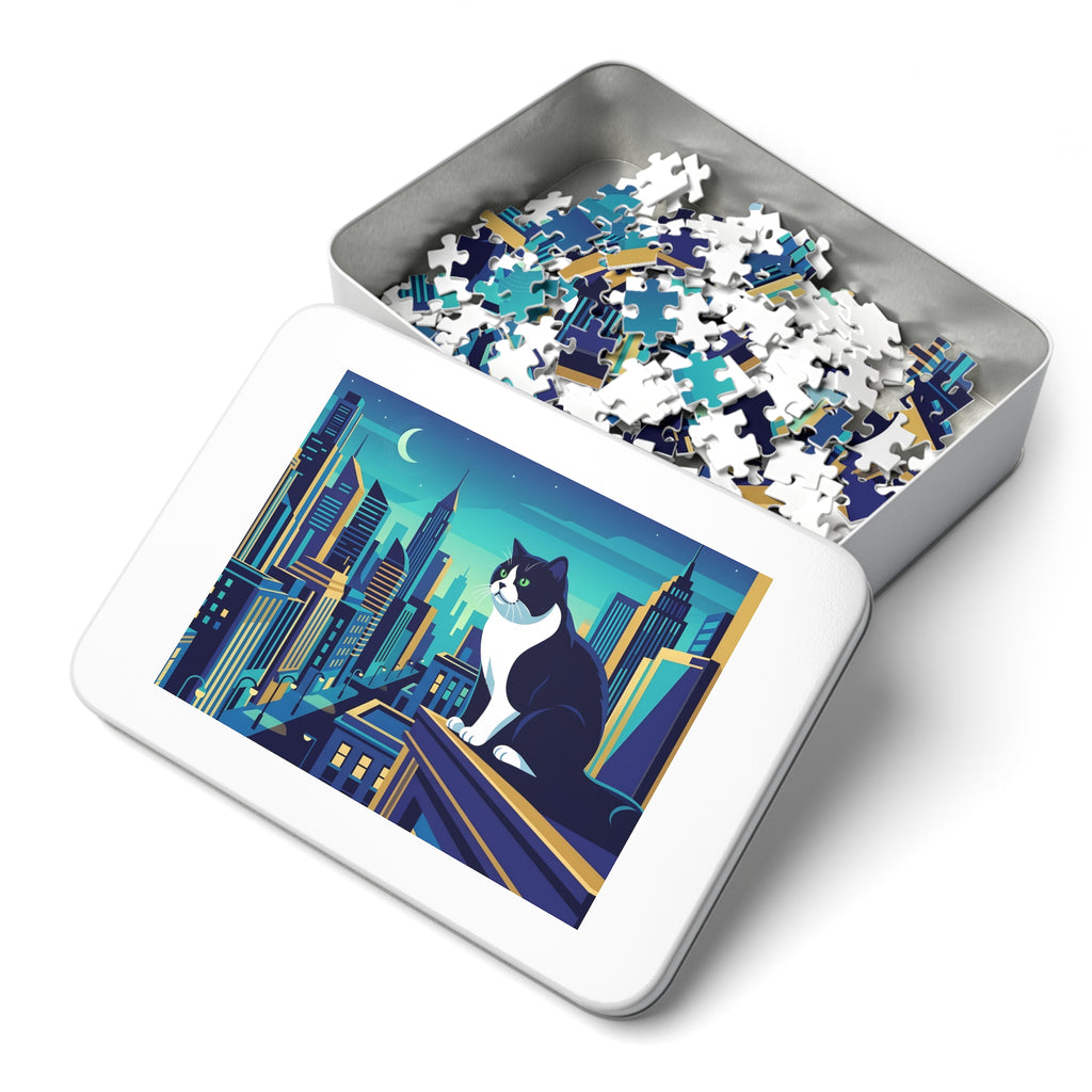 Tuxedo British Shorthair Night City Skyline Jigsaw Puzzle