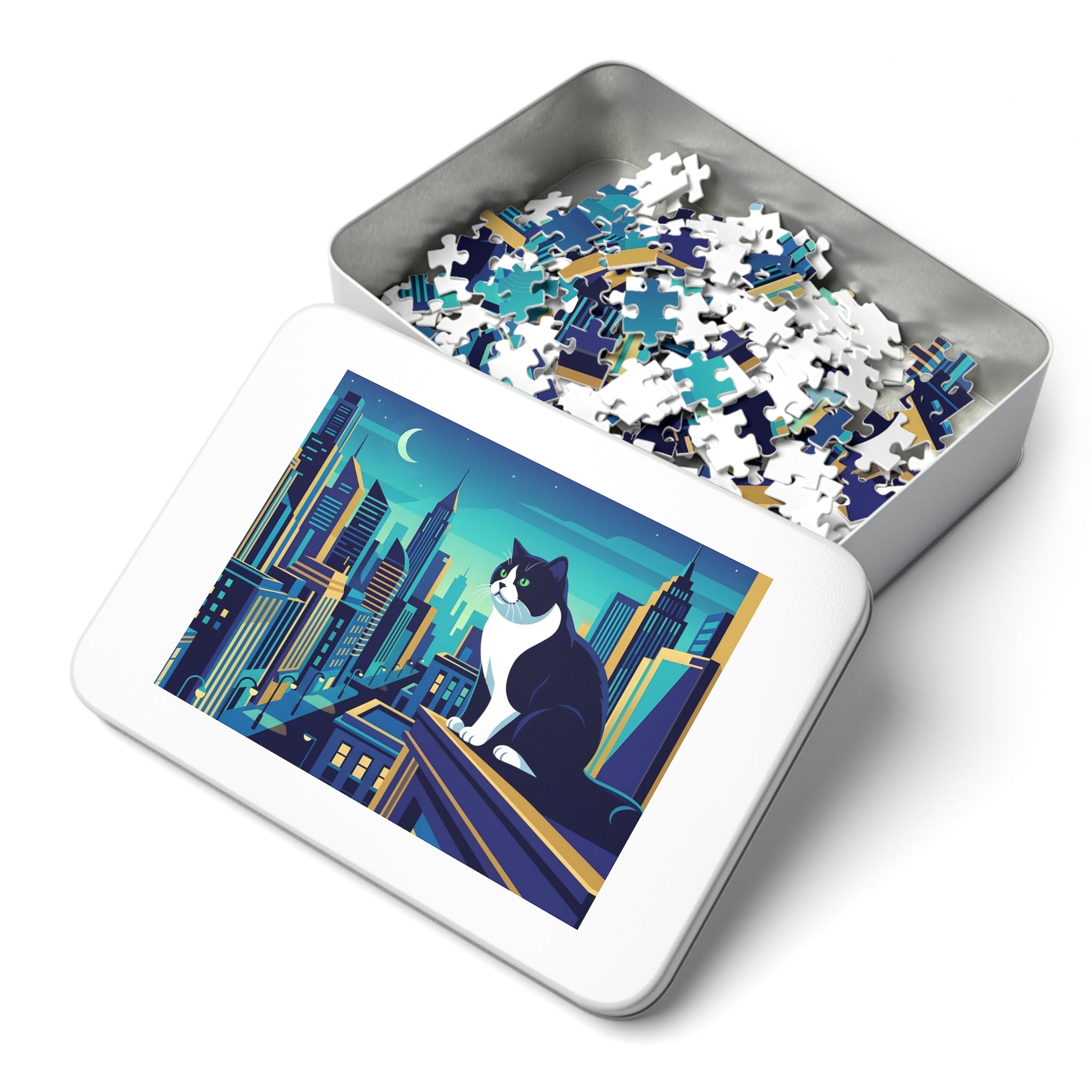 Tuxedo British Shorthair Night City Skyline Jigsaw Puzzle
