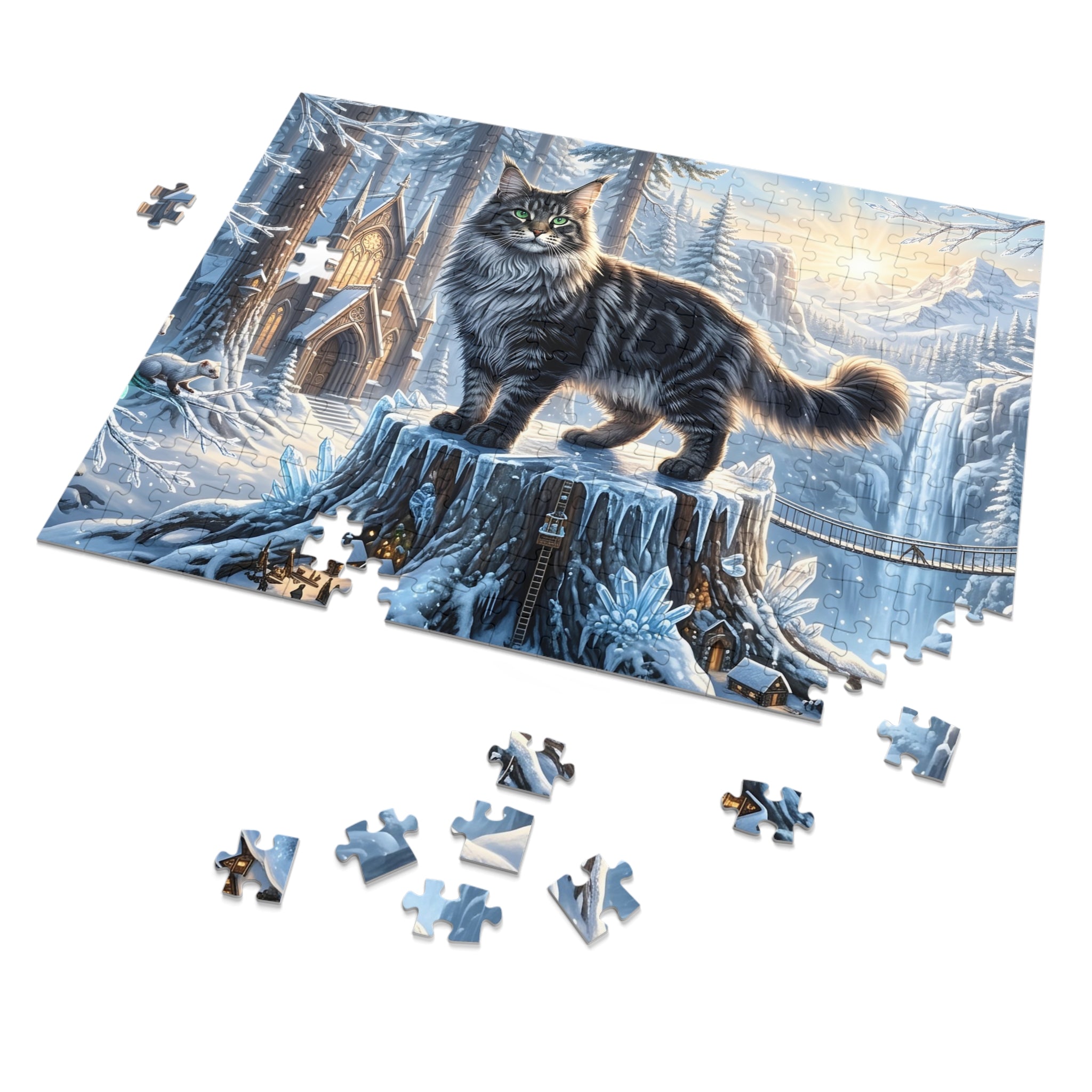 Maine Coon Cat Winter Forest Tree Stump Village Chapel Jigsaw Puzzle