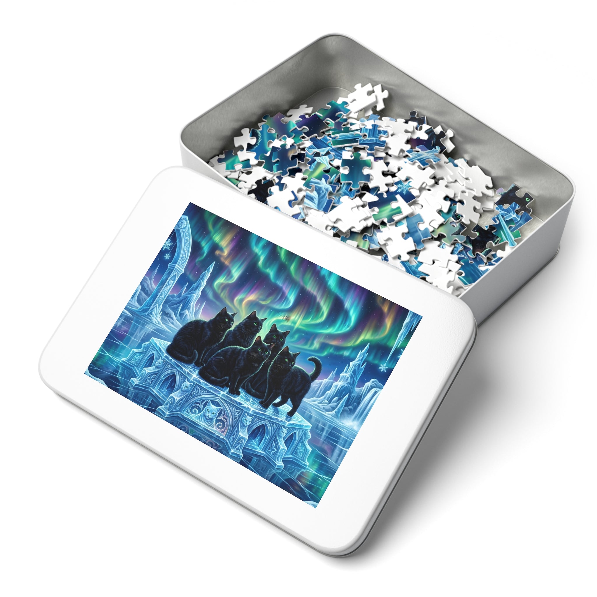 Black American Shorthair Northern Lights Ice Castle Jigsaw Puzzle