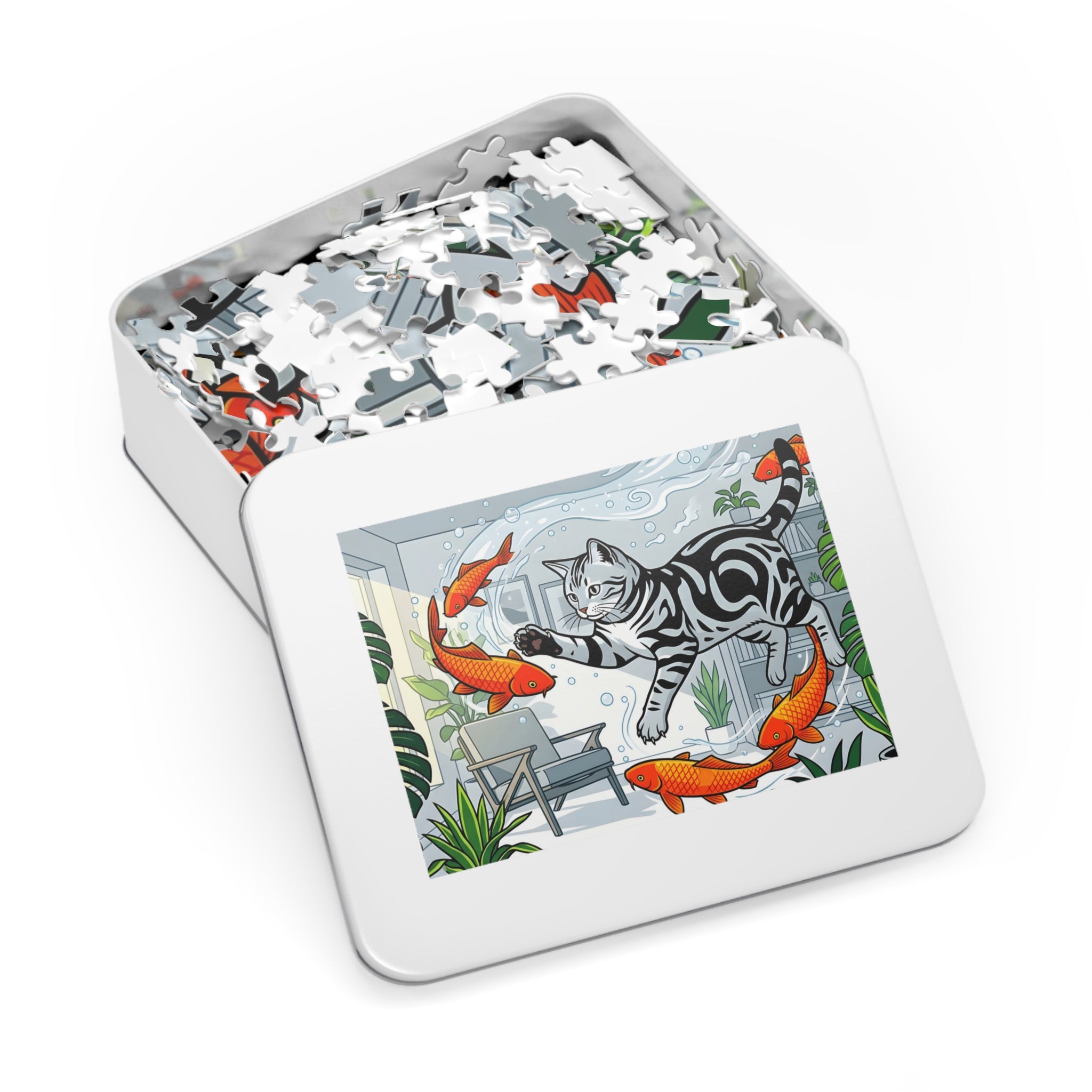 Silver Tabby American Shorthair Flying Goldfish Room Jigsaw Puzzle